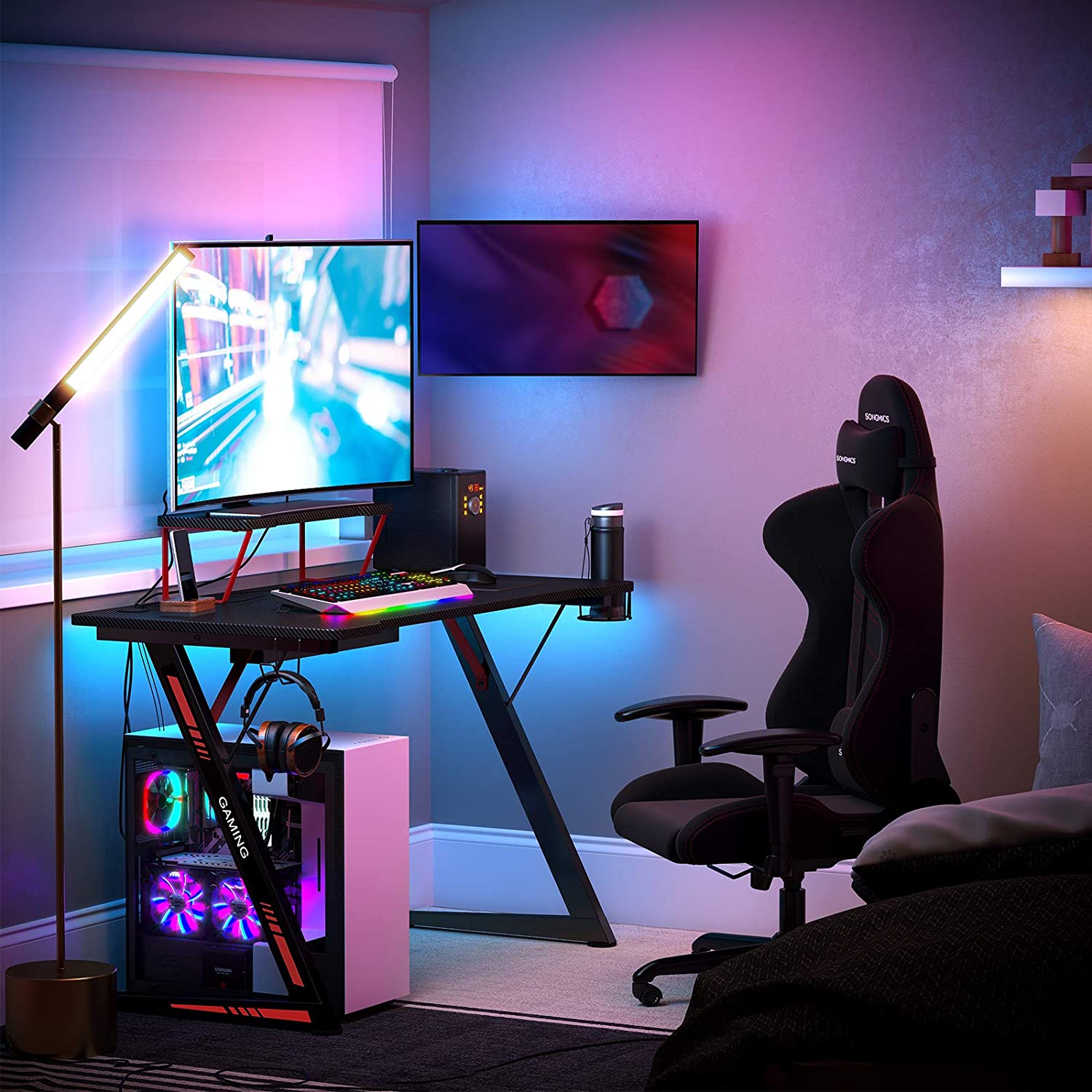 Gaming Desk - Steel - Black and Red - Multifunctional with Monitor Stand