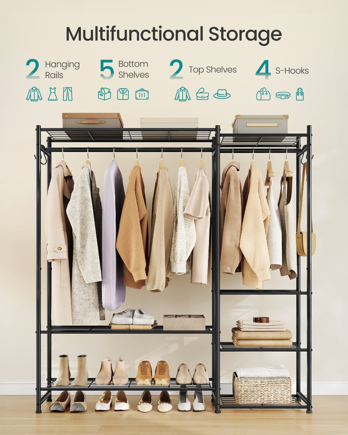 Open Wardrobe Clothing Rack - 7 Shelves - Steel - 2 Clothes Rails