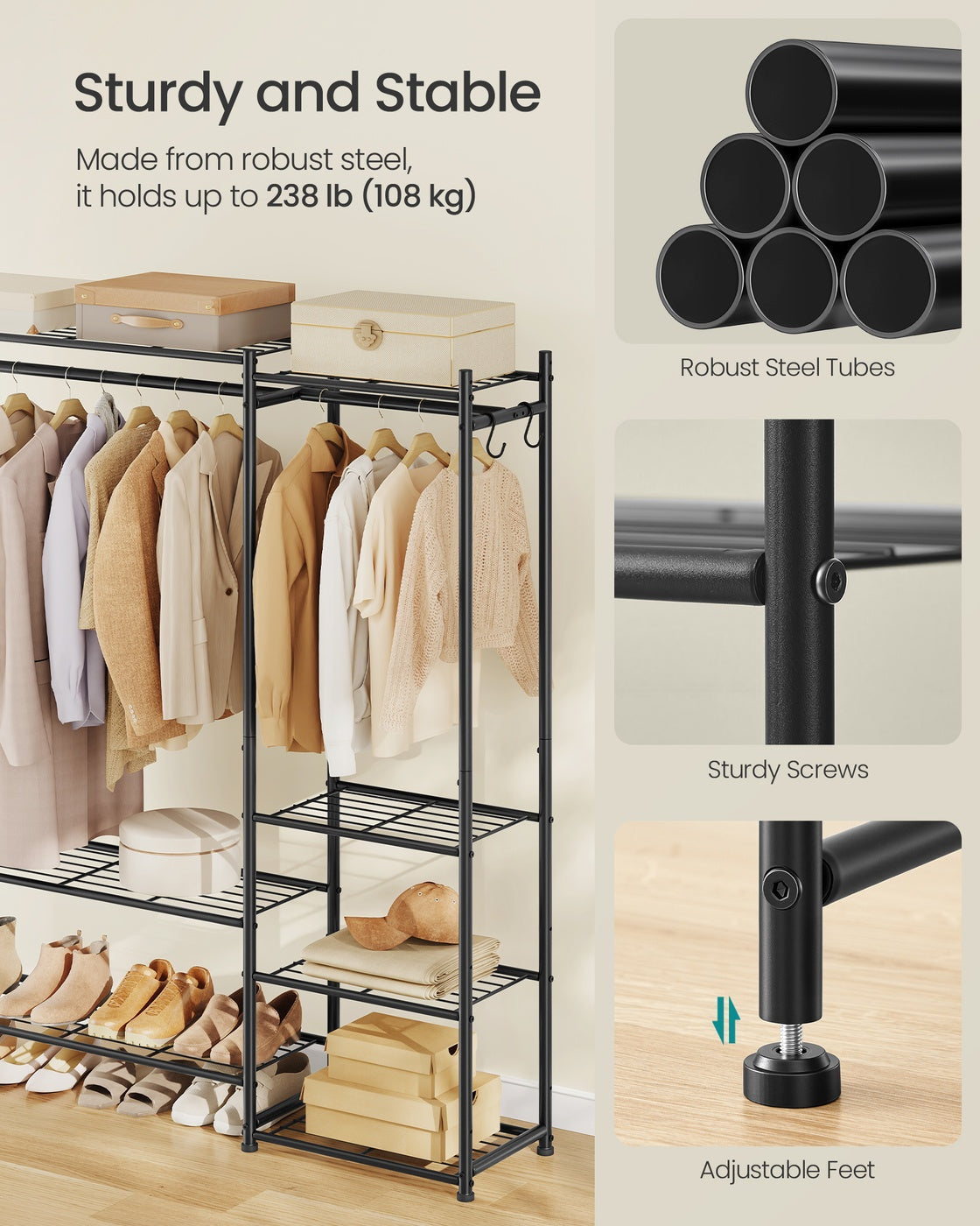 Open Wardrobe Clothing Rack - 7 Shelves - Steel - 2 Clothes Rails