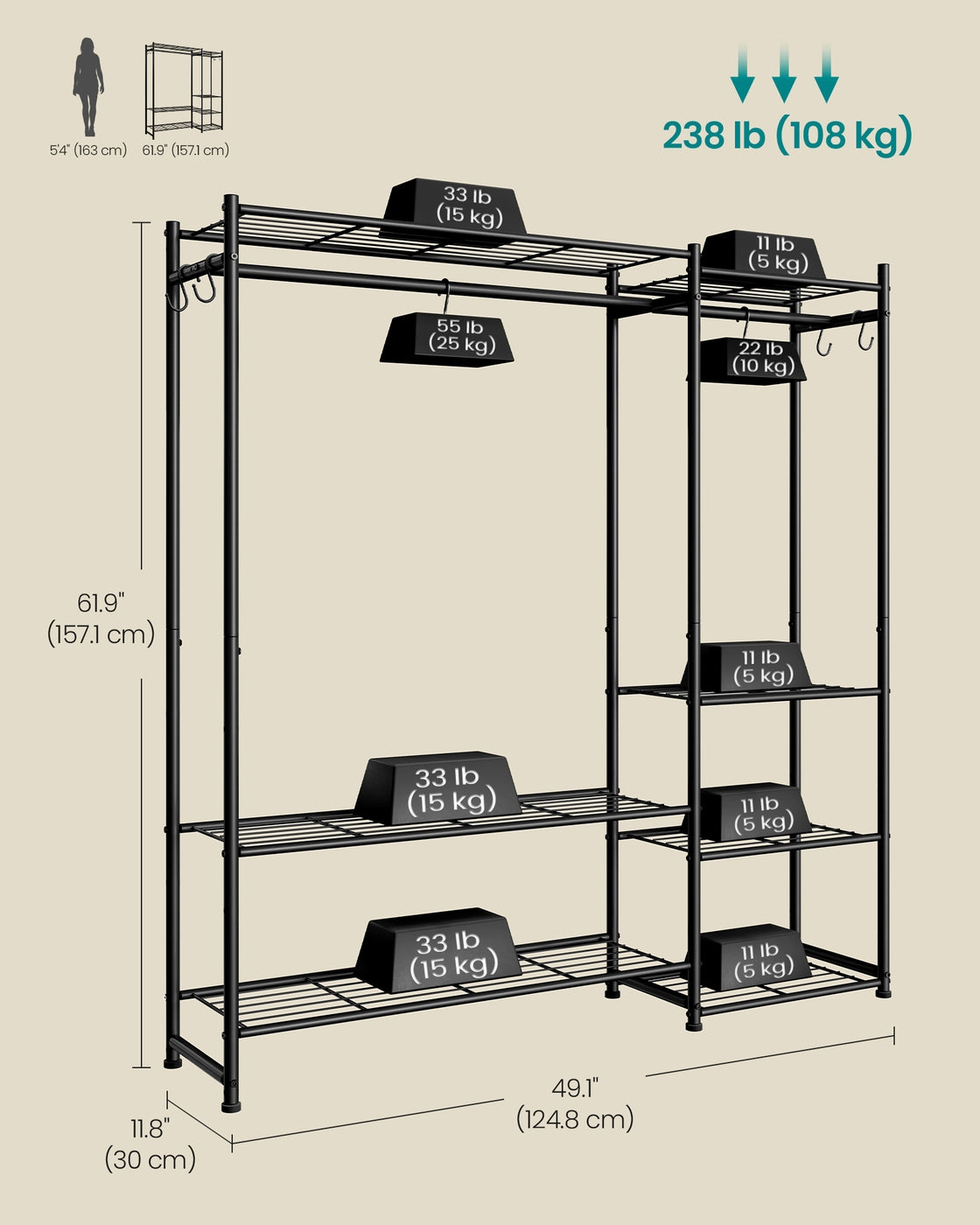 Open Wardrobe Clothing Rack - 7 Shelves - Steel - 2 Clothes Rails
