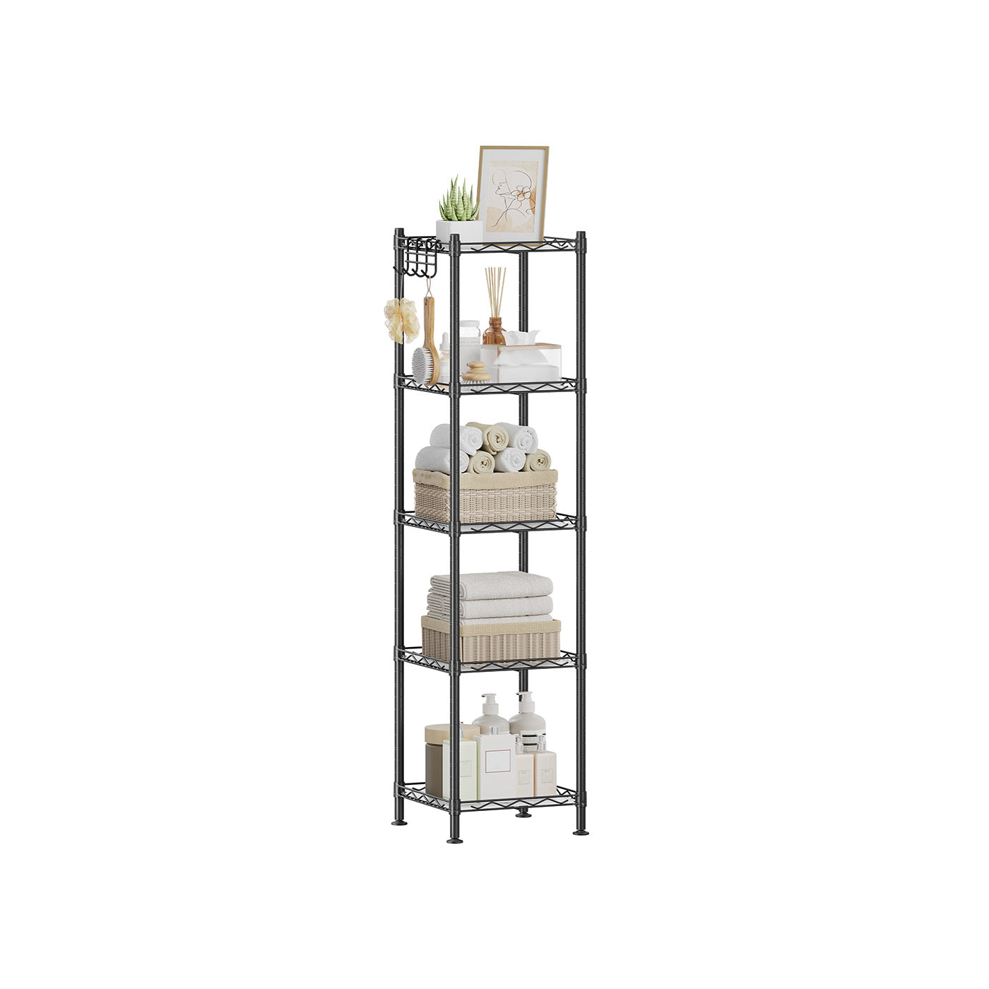 Bathroom Shelf - Metal - Black - Sturdy Design with Expandable Features and Removable Hooks