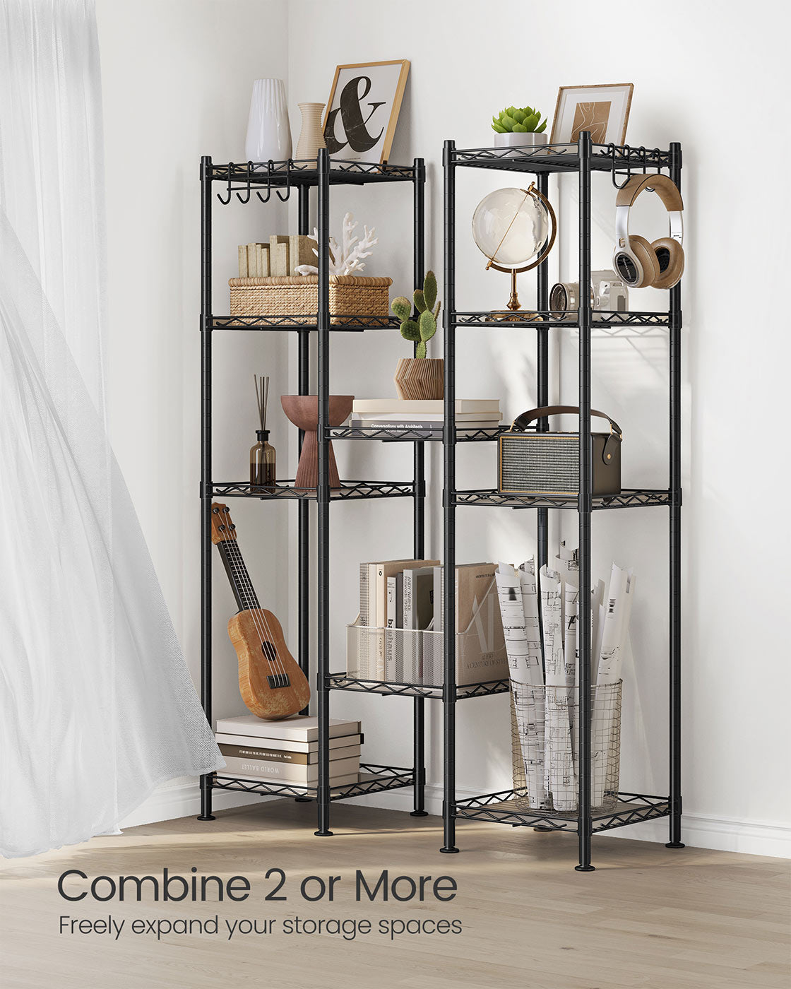 Bathroom Shelf - Metal - Black - Sturdy Design with Expandable Features and Removable Hooks