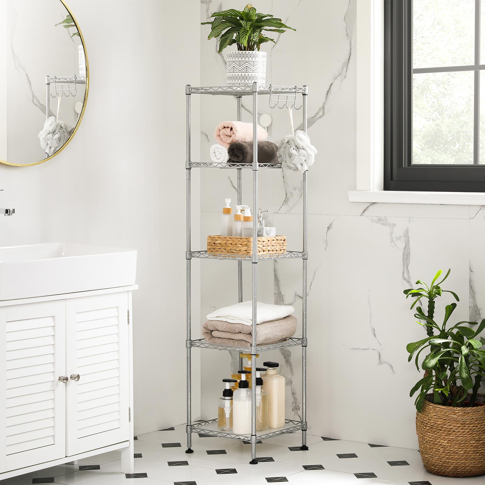 Bathroom Shelf - Metal - Silver - Sturdy Storage Rack with Removable Hooks and Expandable Design