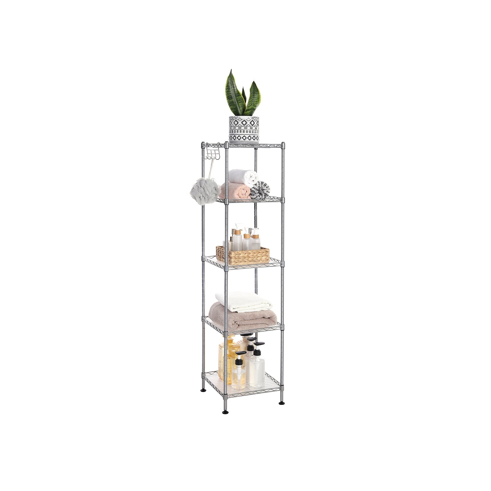 Bathroom Shelf - Metal - Silver - Sturdy Storage Rack with Removable Hooks and Expandable Design