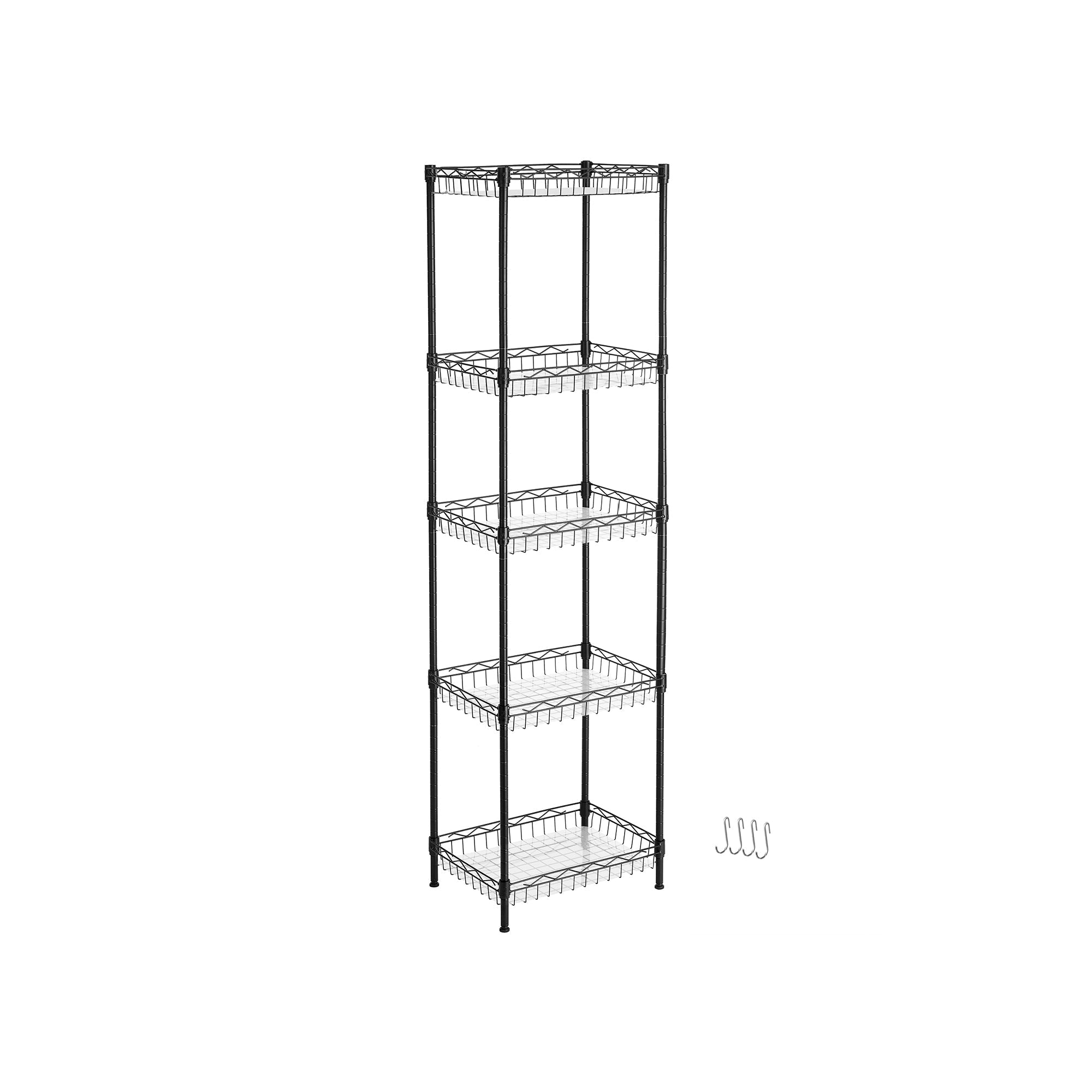 5-Tier Adjustable Metal Shelving Unit - Metal - Black - Wire Basket Design with Hooks and High Load Capacity