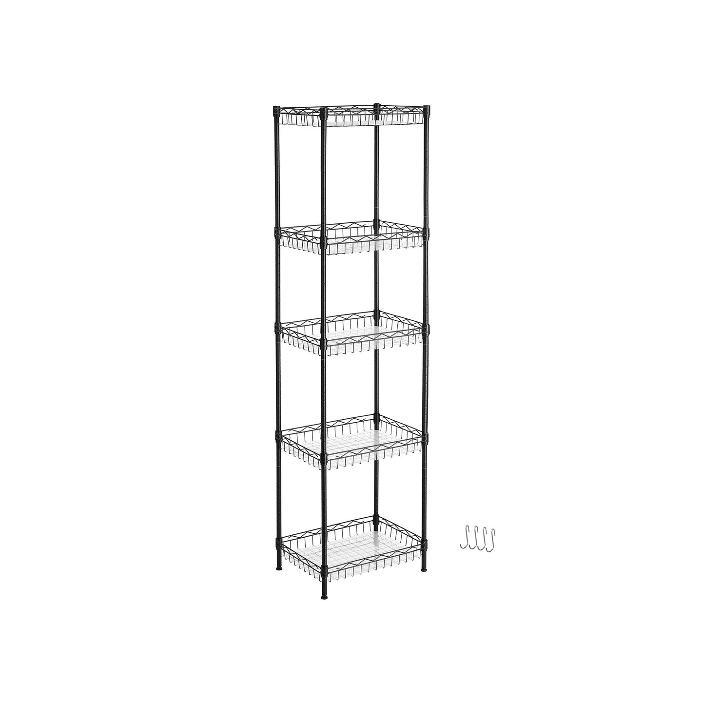 5-Tier Adjustable Metal Shelving Unit - Metal - Black - Wire Basket Design with Hooks and High Load Capacity