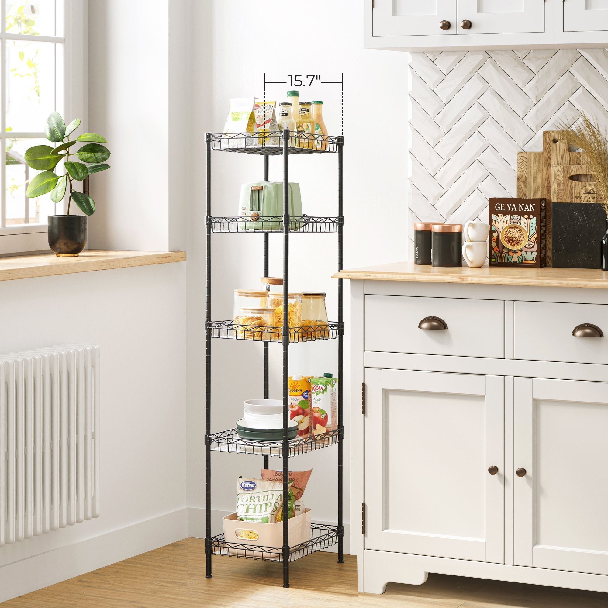 5-Tier Adjustable Metal Shelving Unit - Metal - Black - Wire Basket Design with Hooks and High Load Capacity