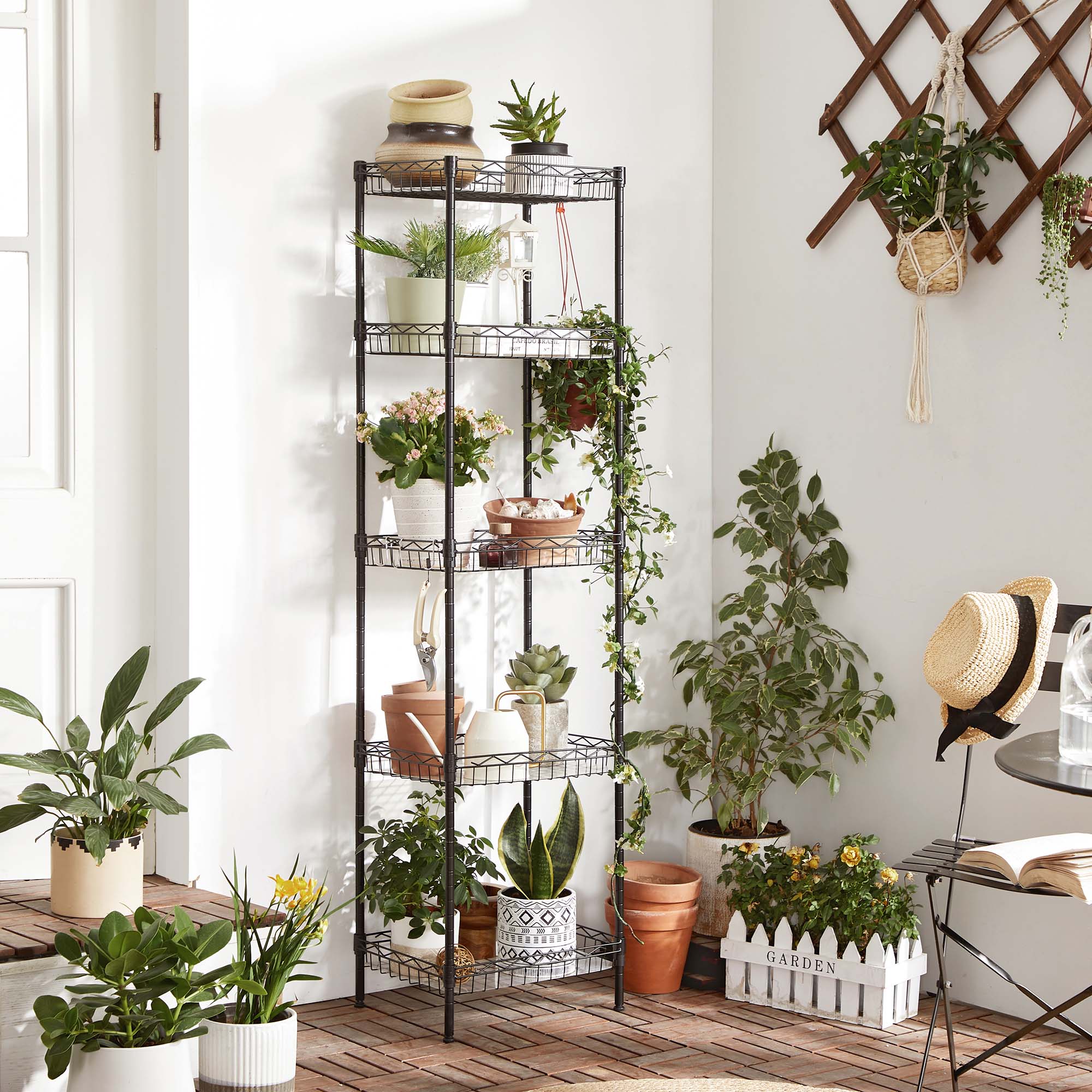 5-Tier Adjustable Metal Shelving Unit - Metal - Black - Wire Basket Design with Hooks and High Load Capacity