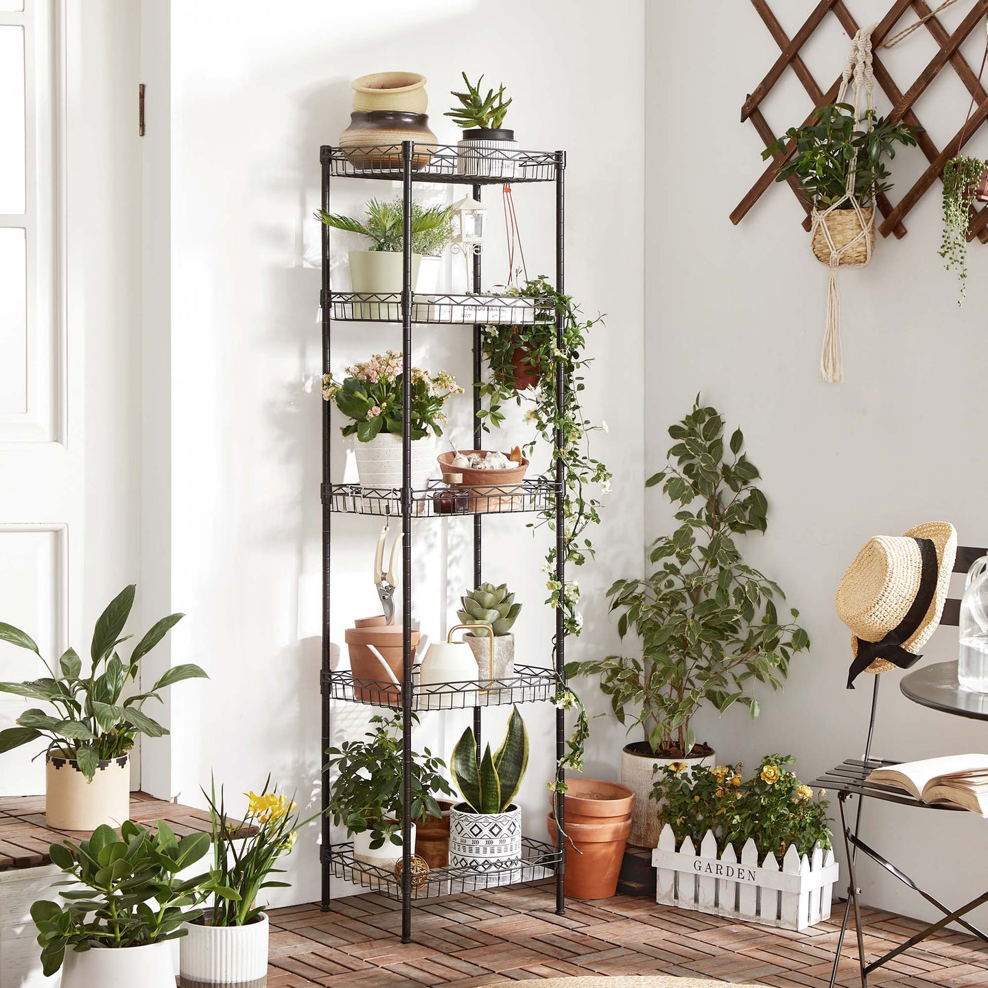 5-Tier Adjustable Metal Shelving Unit - Metal - Black - Wire Basket Design with Hooks and High Load Capacity