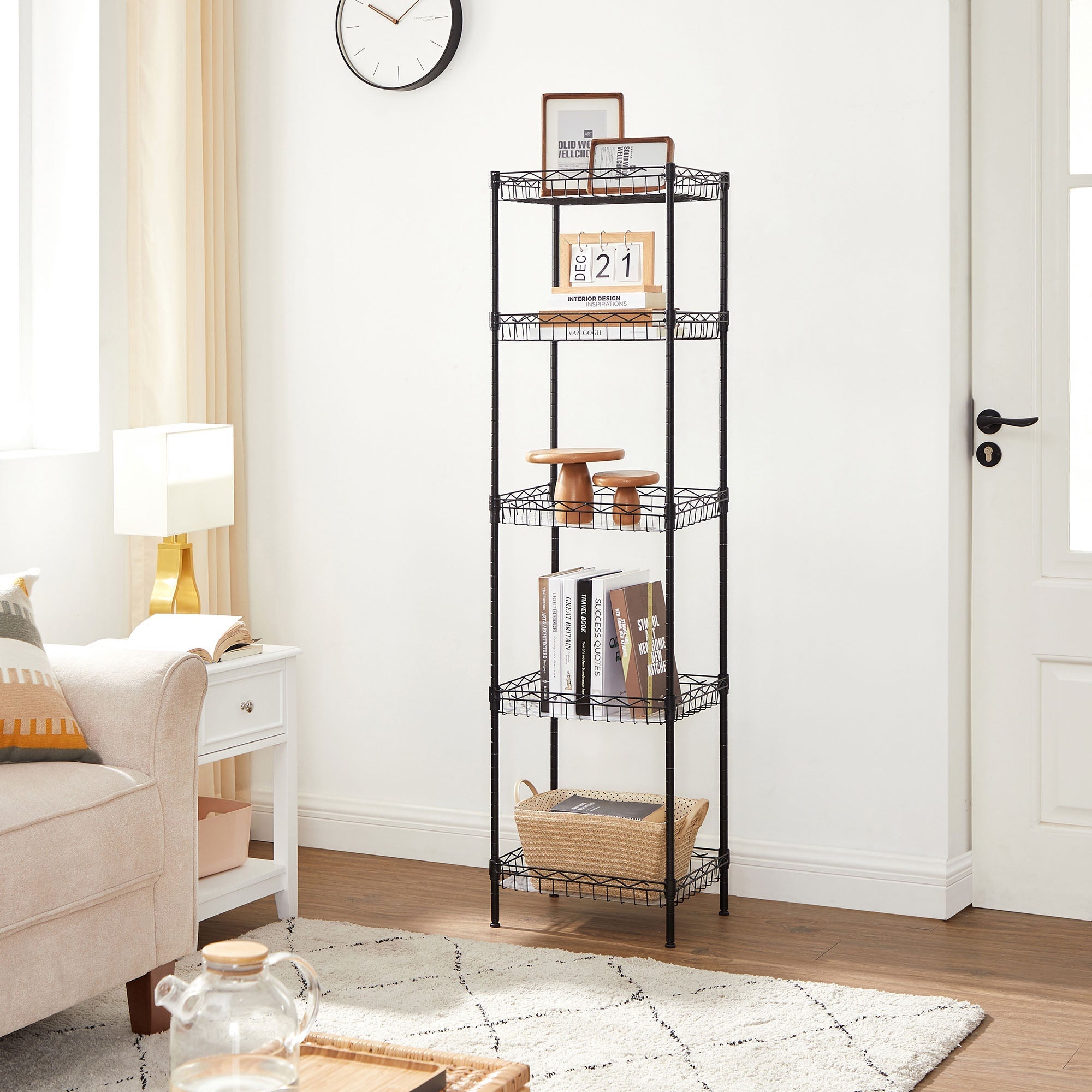 5-Tier Adjustable Metal Shelving Unit - Metal - Black - Wire Basket Design with Hooks and High Load Capacity