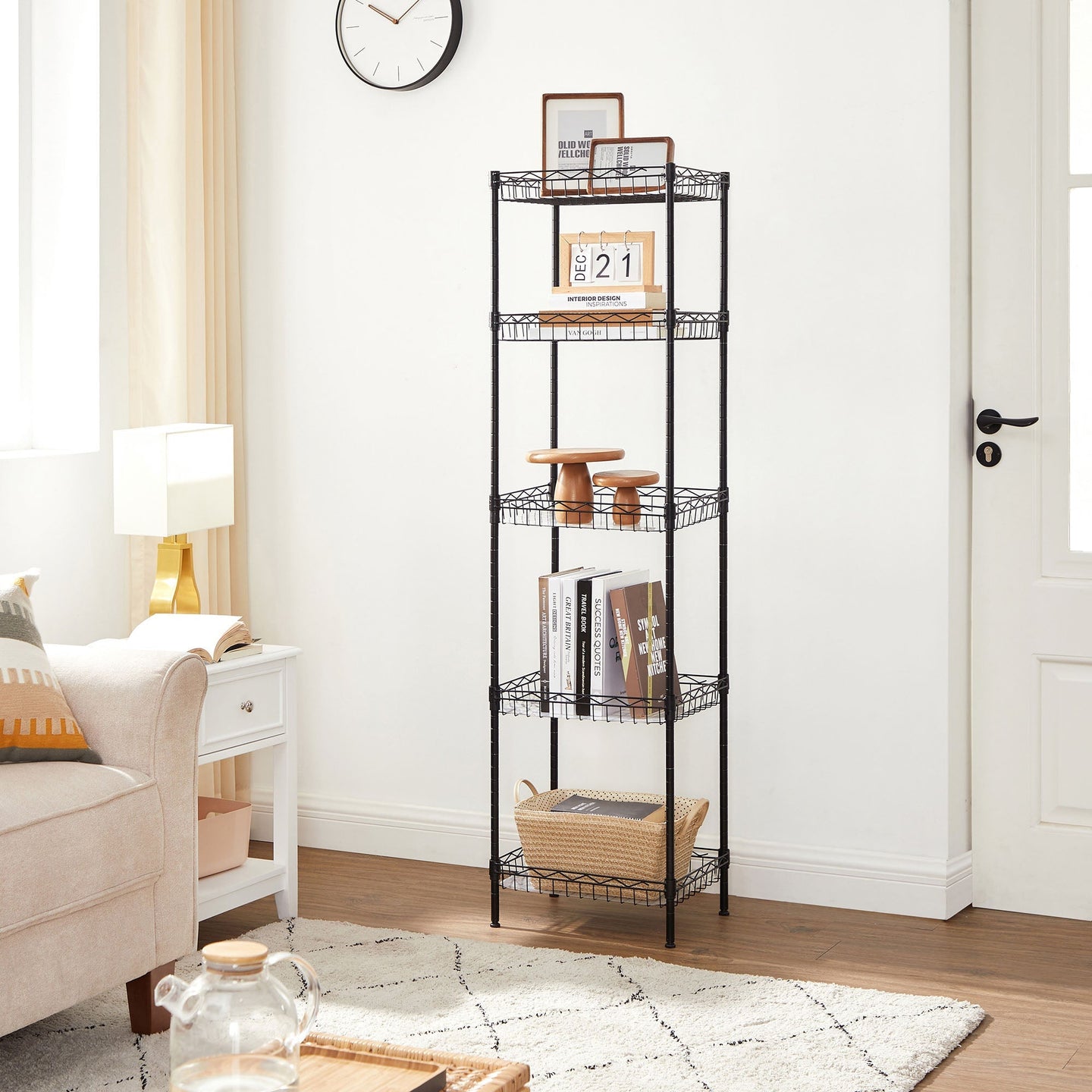 5-Tier Adjustable Metal Shelving Unit - Metal - Black - Wire Basket Design with Hooks and High Load Capacity