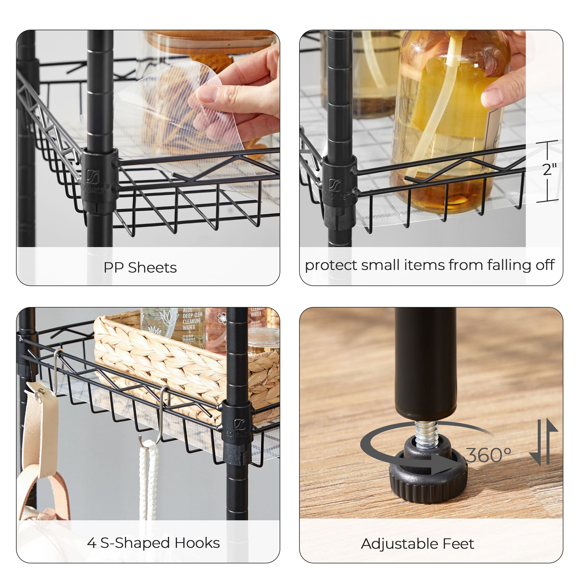 5-Tier Adjustable Metal Shelving Unit - Metal - Black - Wire Basket Design with Hooks and High Load Capacity