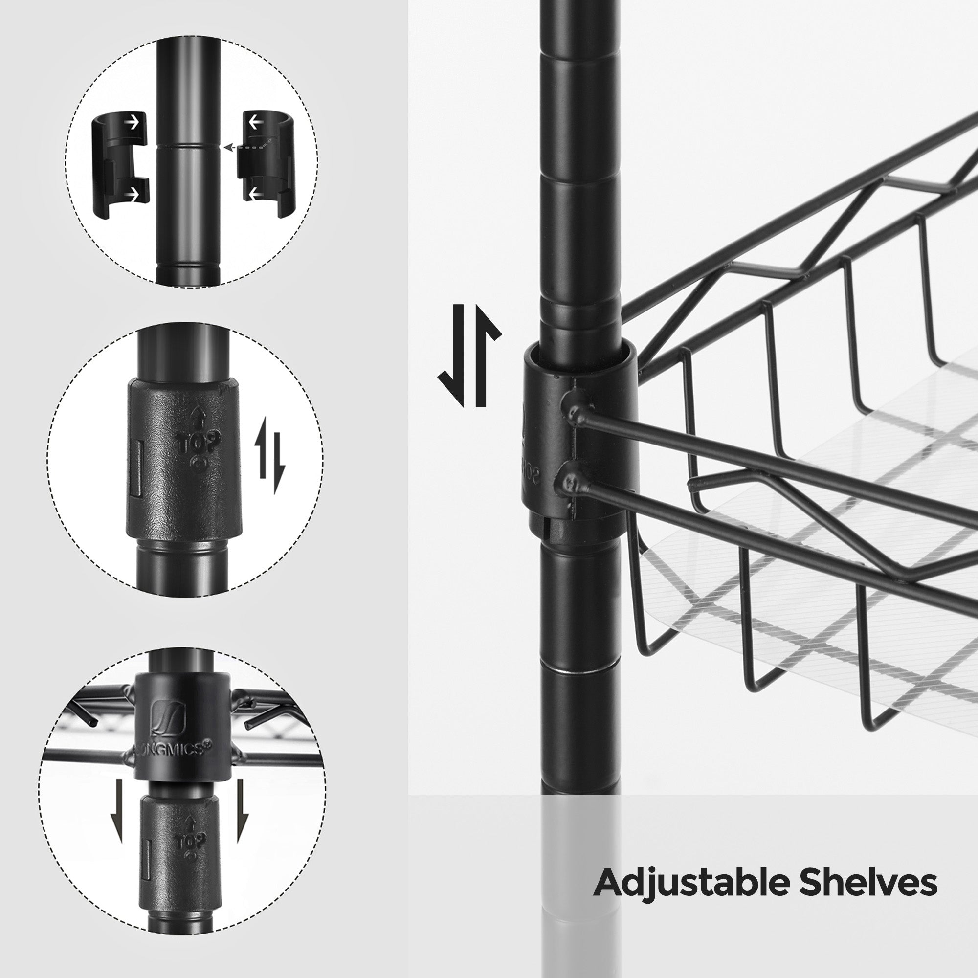 5-Tier Adjustable Metal Shelving Unit - Metal - Black - Wire Basket Design with Hooks and High Load Capacity