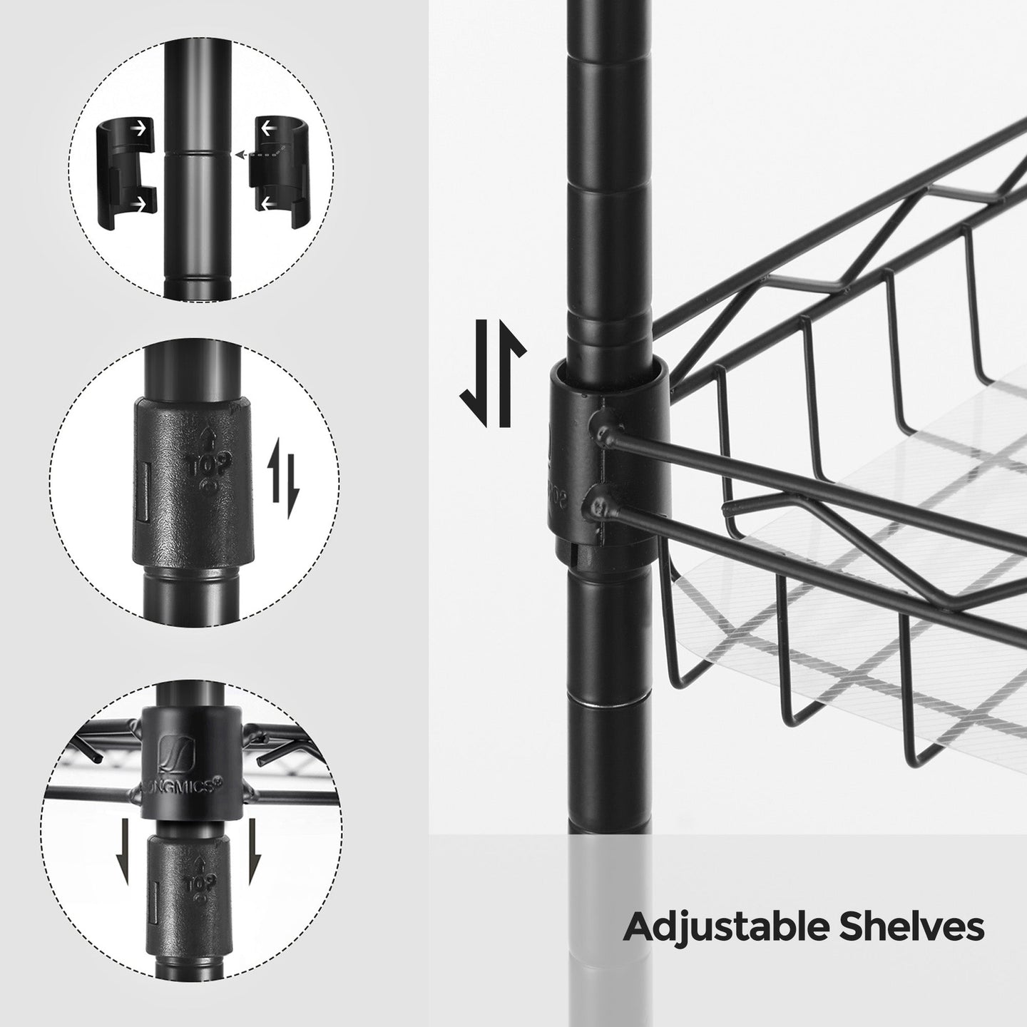 5-Tier Adjustable Metal Shelving Unit - Metal - Black - Wire Basket Design with Hooks and High Load Capacity