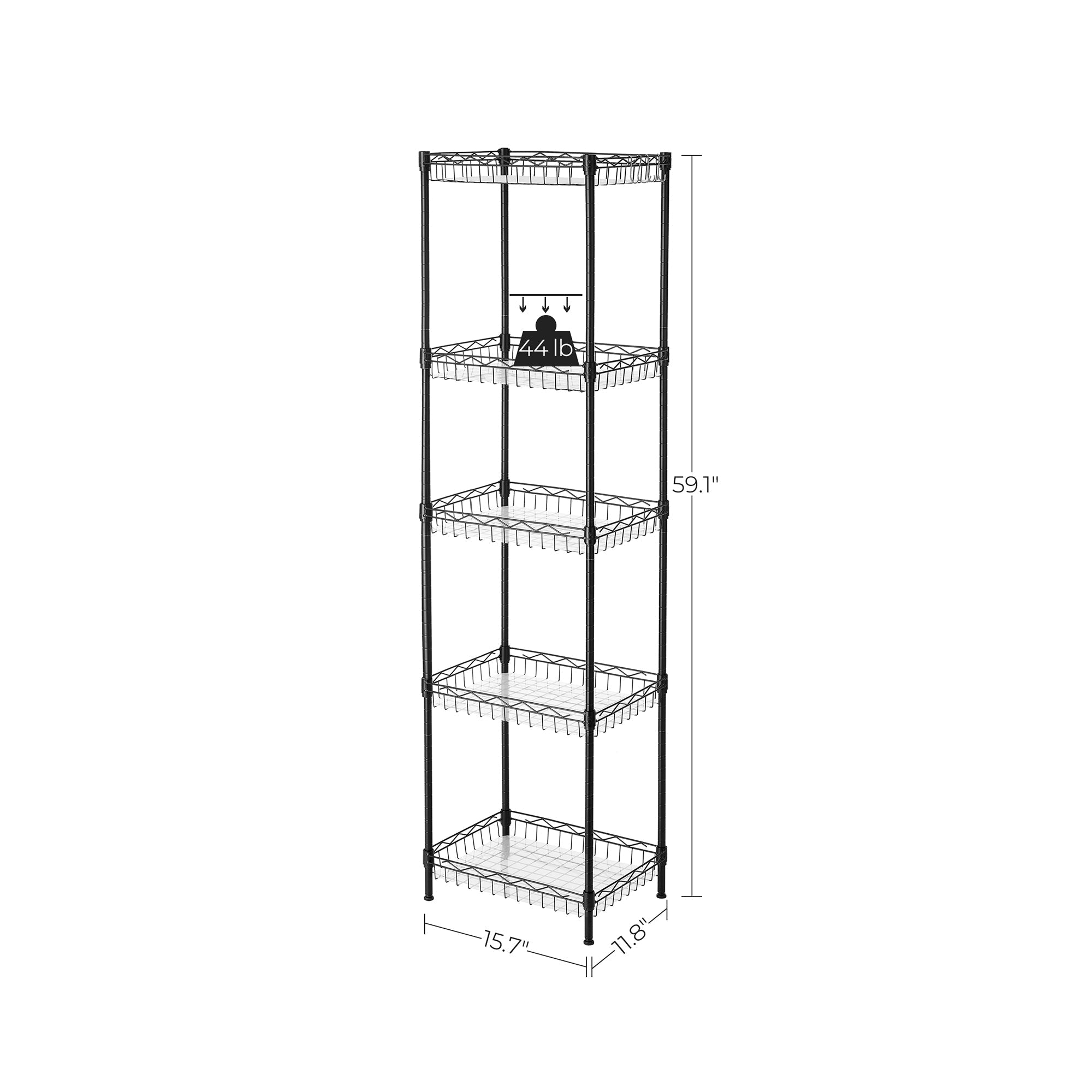 5-Tier Adjustable Metal Shelving Unit - Metal - Black - Wire Basket Design with Hooks and High Load Capacity