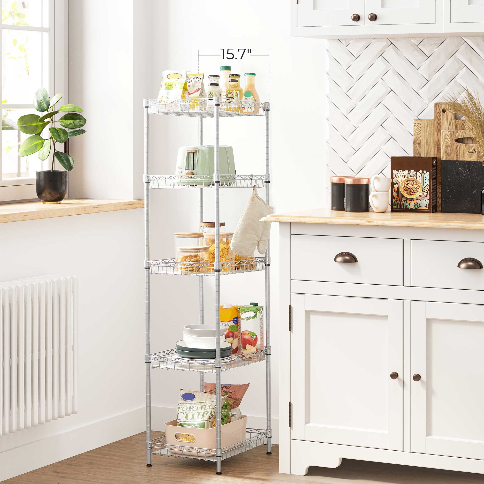 5-Tier Metal Storage Unit - Metal - Black - Adjustable Shelves with Hooks