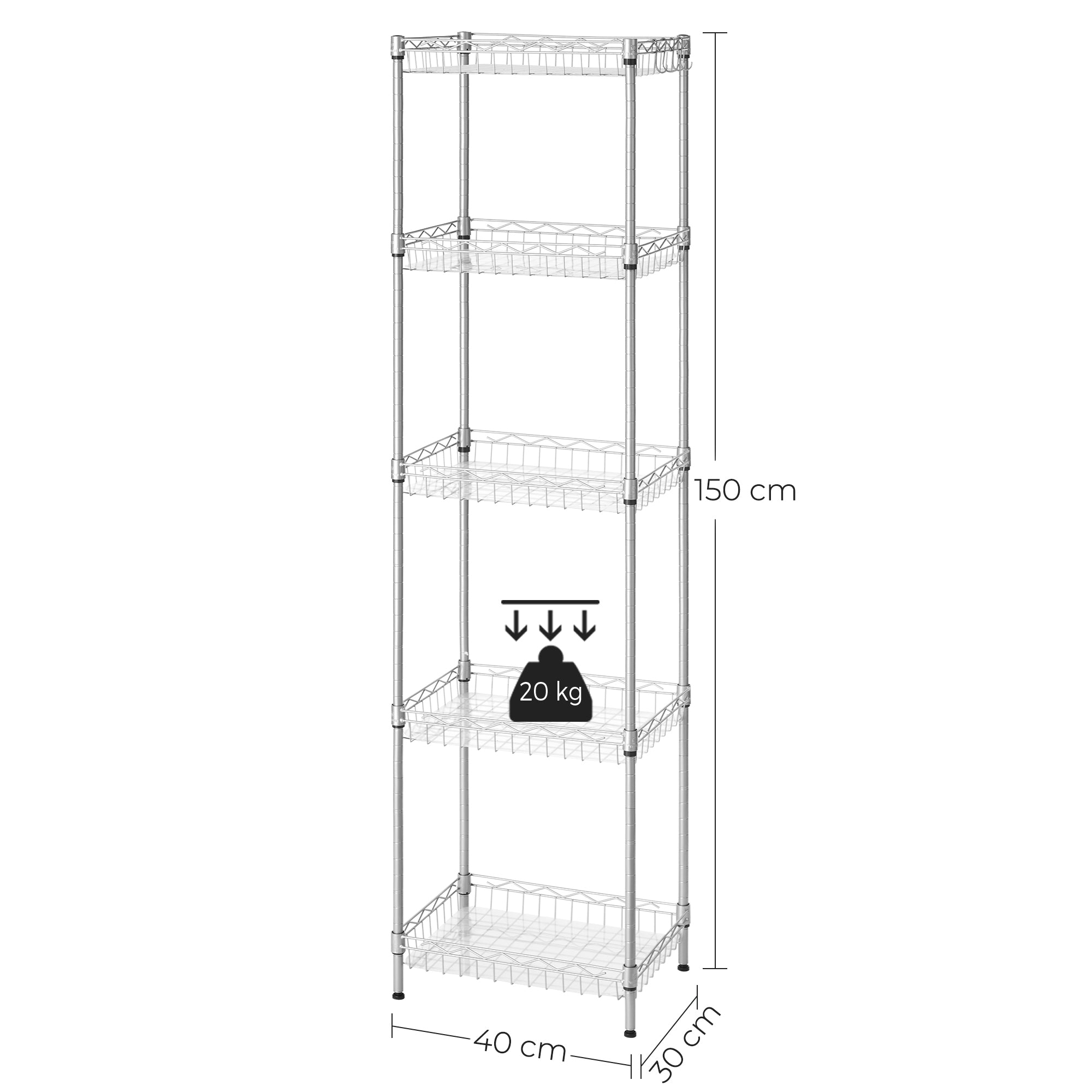 5-Tier Metal Storage Unit - Metal - Black - Adjustable Shelves with Hooks