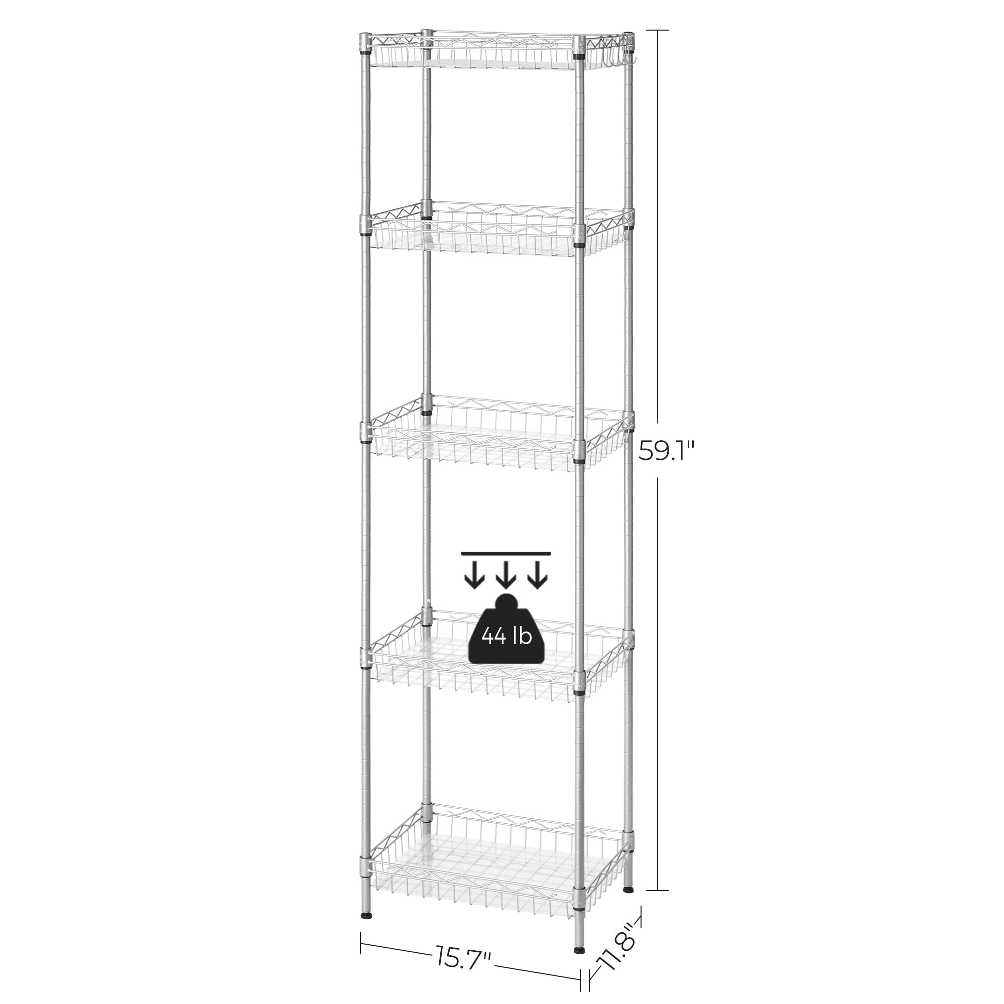 5-Tier Metal Storage Unit - Metal - Black - Adjustable Shelves with Hooks