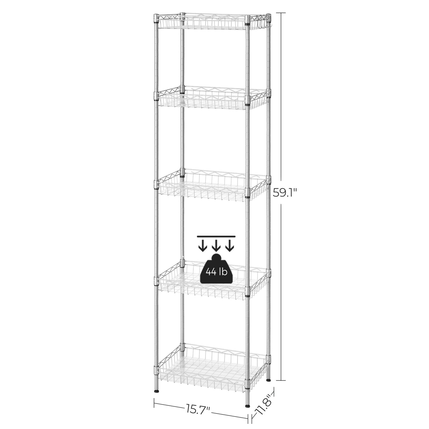 5-Tier Metal Storage Unit - Metal - Black - Adjustable Shelves with Hooks