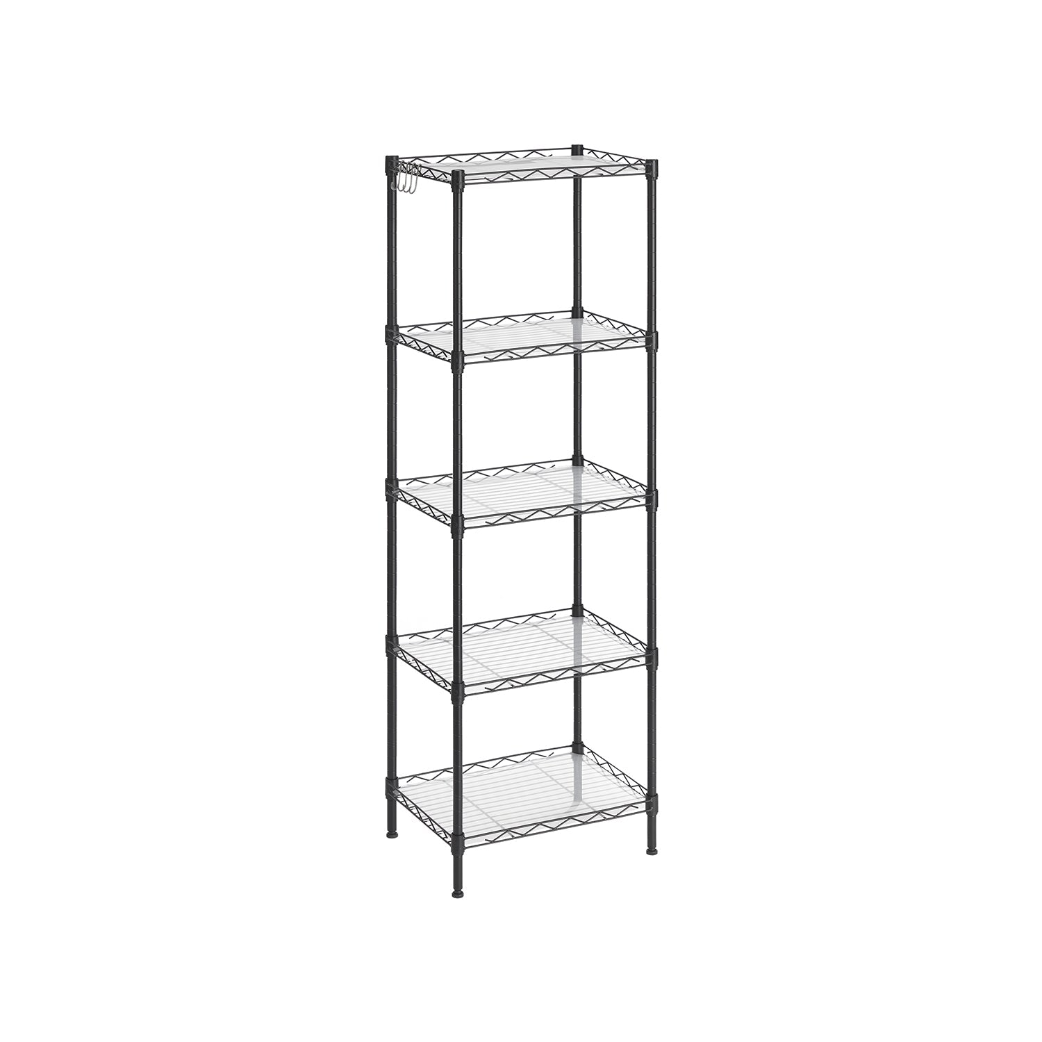 5-Tier Wire Shelving Unit - Metal - Black - Adjustable Shelves and Hooks