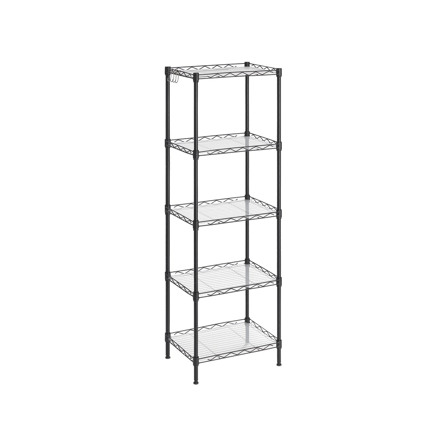 5-Tier Wire Shelving Unit - Metal - Black - Adjustable Shelves and Hooks