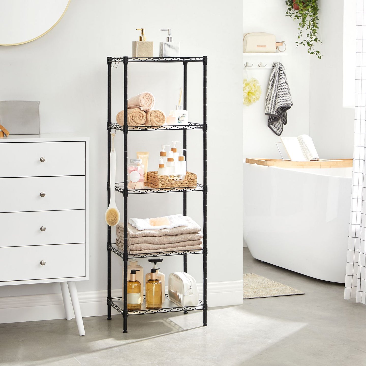 5-Tier Wire Shelving Unit - Metal - Black - Adjustable Shelves and Hooks