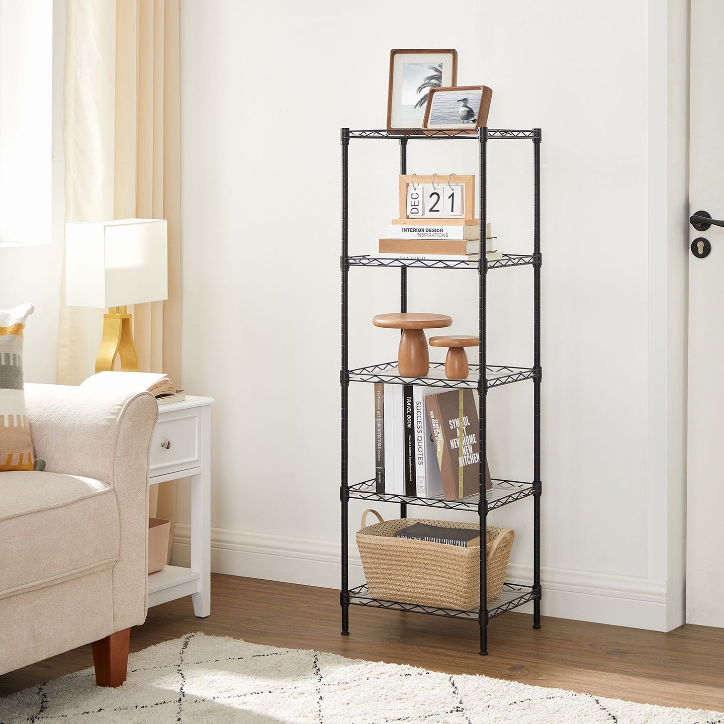 5-Tier Wire Shelving Unit - Metal - Black - Adjustable Shelves and Hooks
