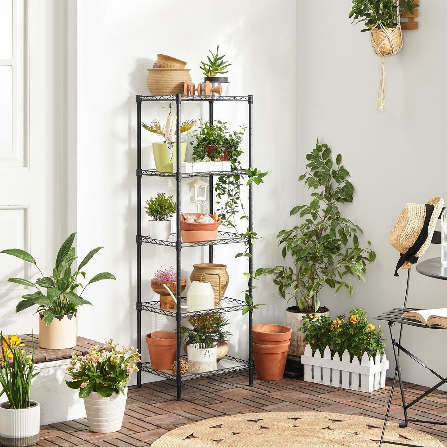 5-Tier Wire Shelving Unit - Metal - Black - Adjustable Shelves and Hooks