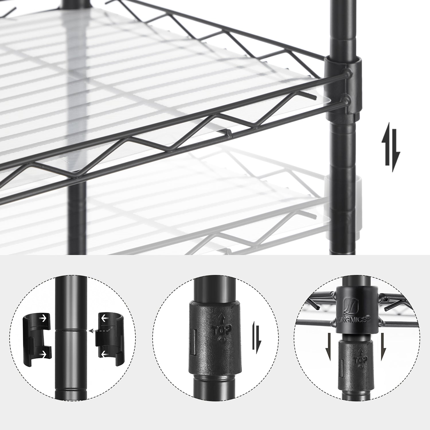 5-Tier Wire Shelving Unit - Metal - Black - Adjustable Shelves and Hooks