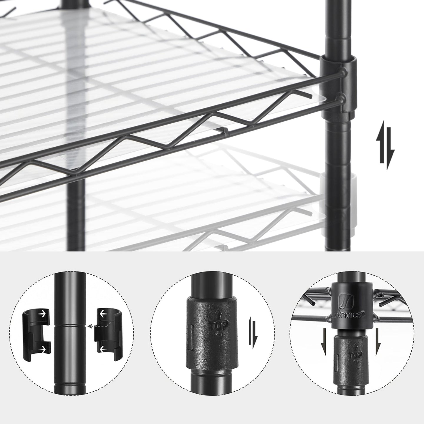 5-Tier Wire Shelving Unit - Metal - Black - Adjustable Shelves and Hooks