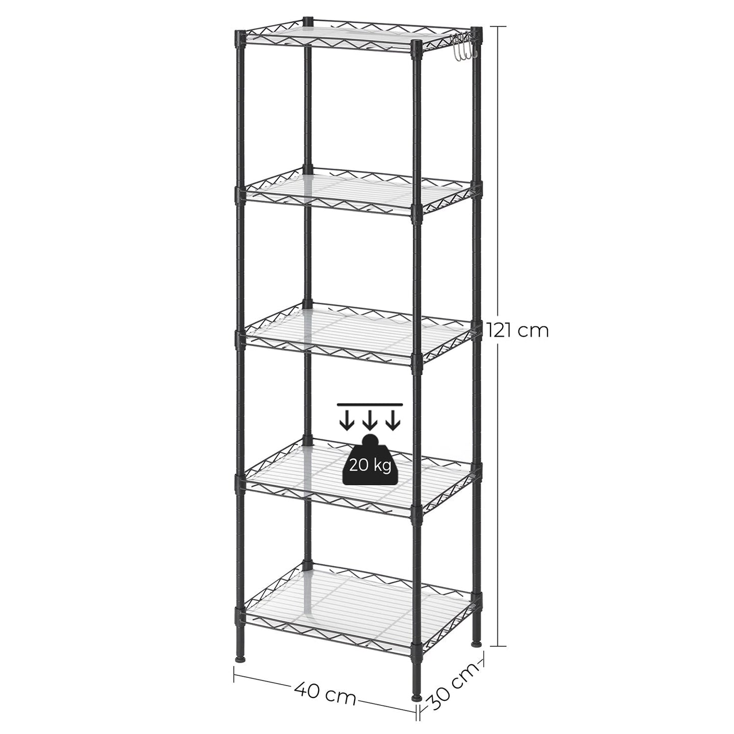 5-Tier Wire Shelving Unit - Metal - Black - Adjustable Shelves and Hooks