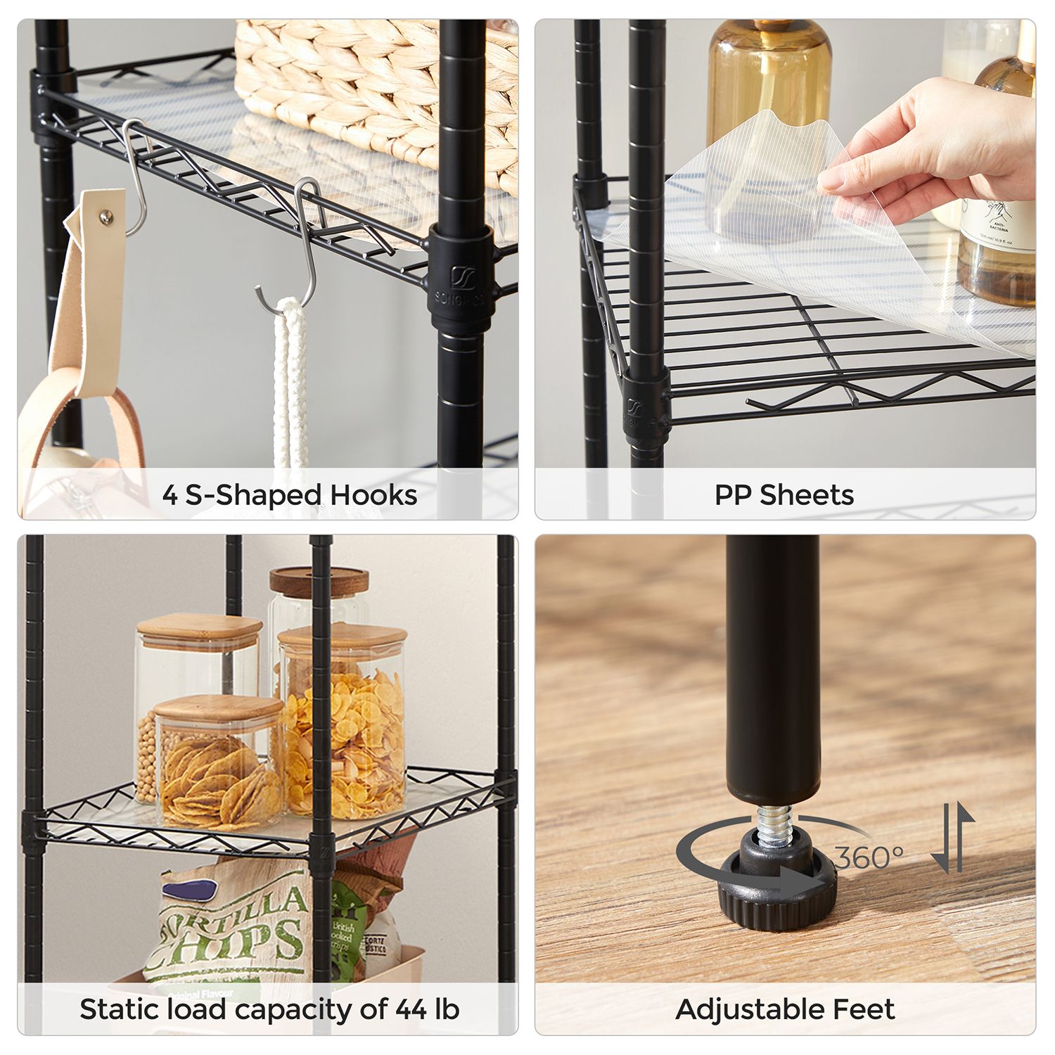 5-Tier Wire Shelving Unit - Metal - Black - Adjustable Shelves and Hooks