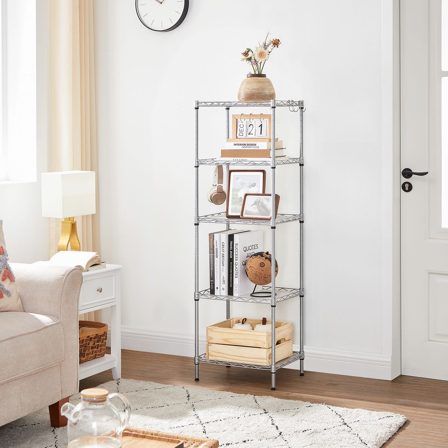 Metal Shelving Unit - Metal - Black - Adjustable Shelves with Hooks and High Load Capacity