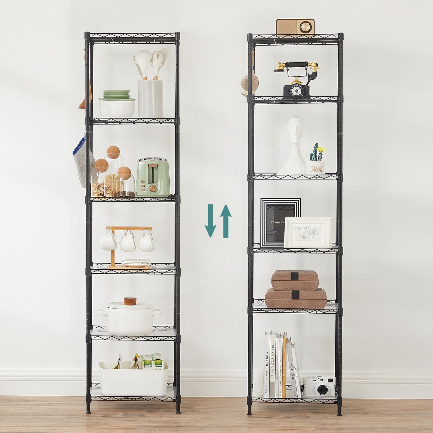 6-Tier Wire Shelving Unit - Metal - Ink Black - Adjustable Shelves with Shelf Liners and Hooks
