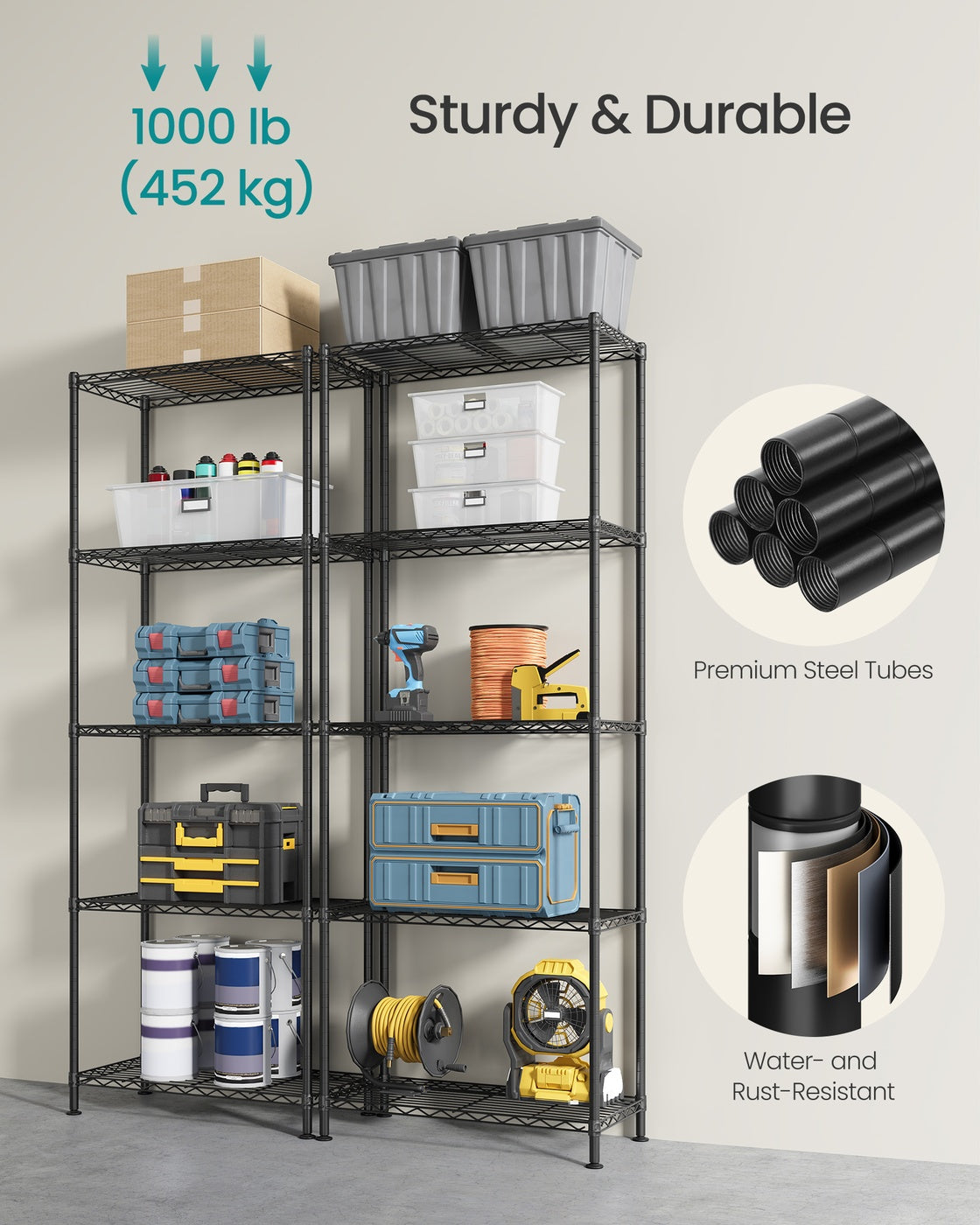 Storage Shelf Metal Garage Adjustable 5 Tier - Plastic and Steel - Ink Black