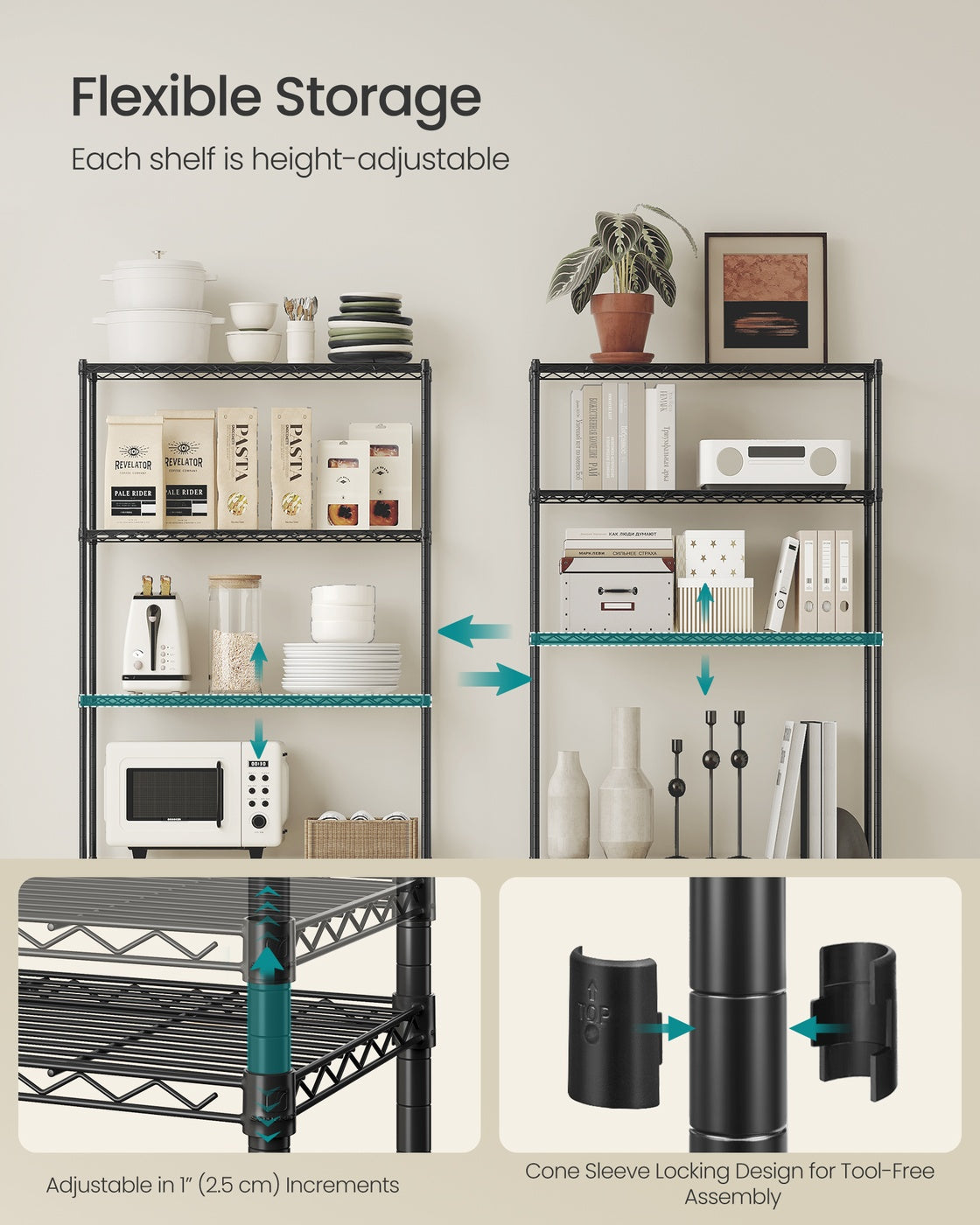 Storage Shelf Metal Garage Adjustable 5 Tier - Plastic and Steel - Ink Black