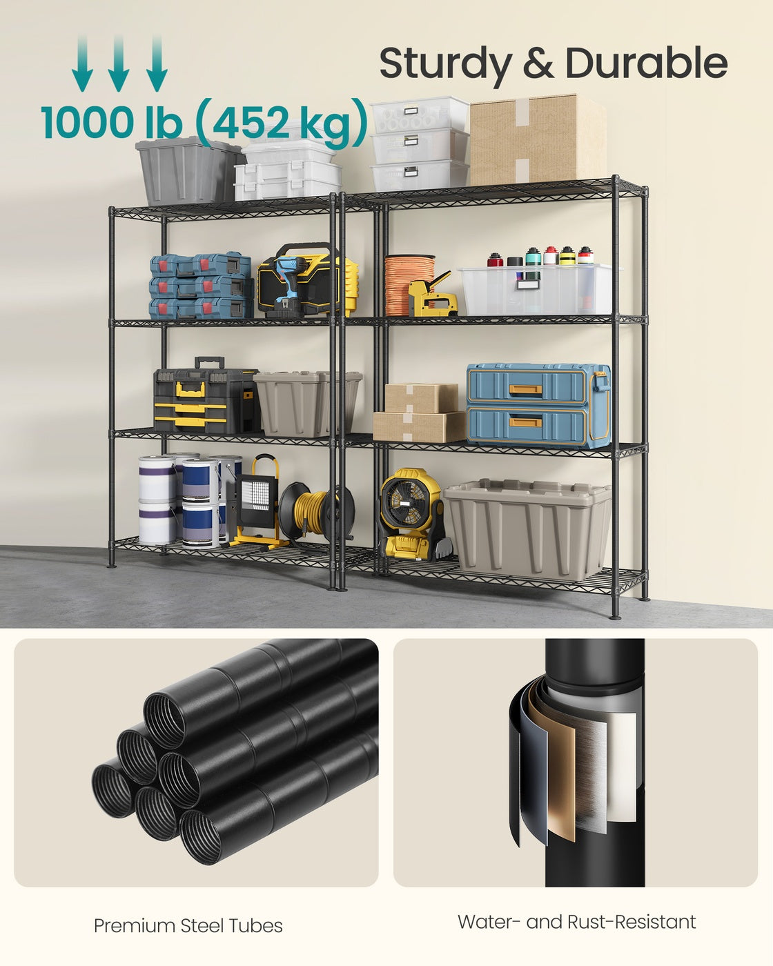Storage Shelf Metal Garage Adjustable 4 Tier - Plastic and Steel - Ink Black