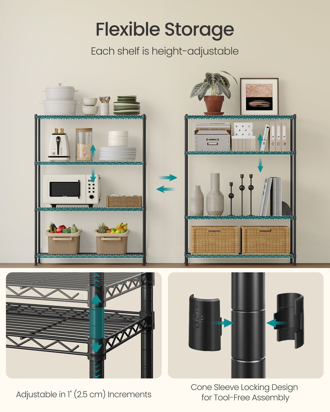 Storage Shelf Metal Garage Adjustable 4 Tier - Plastic and Steel - Ink Black