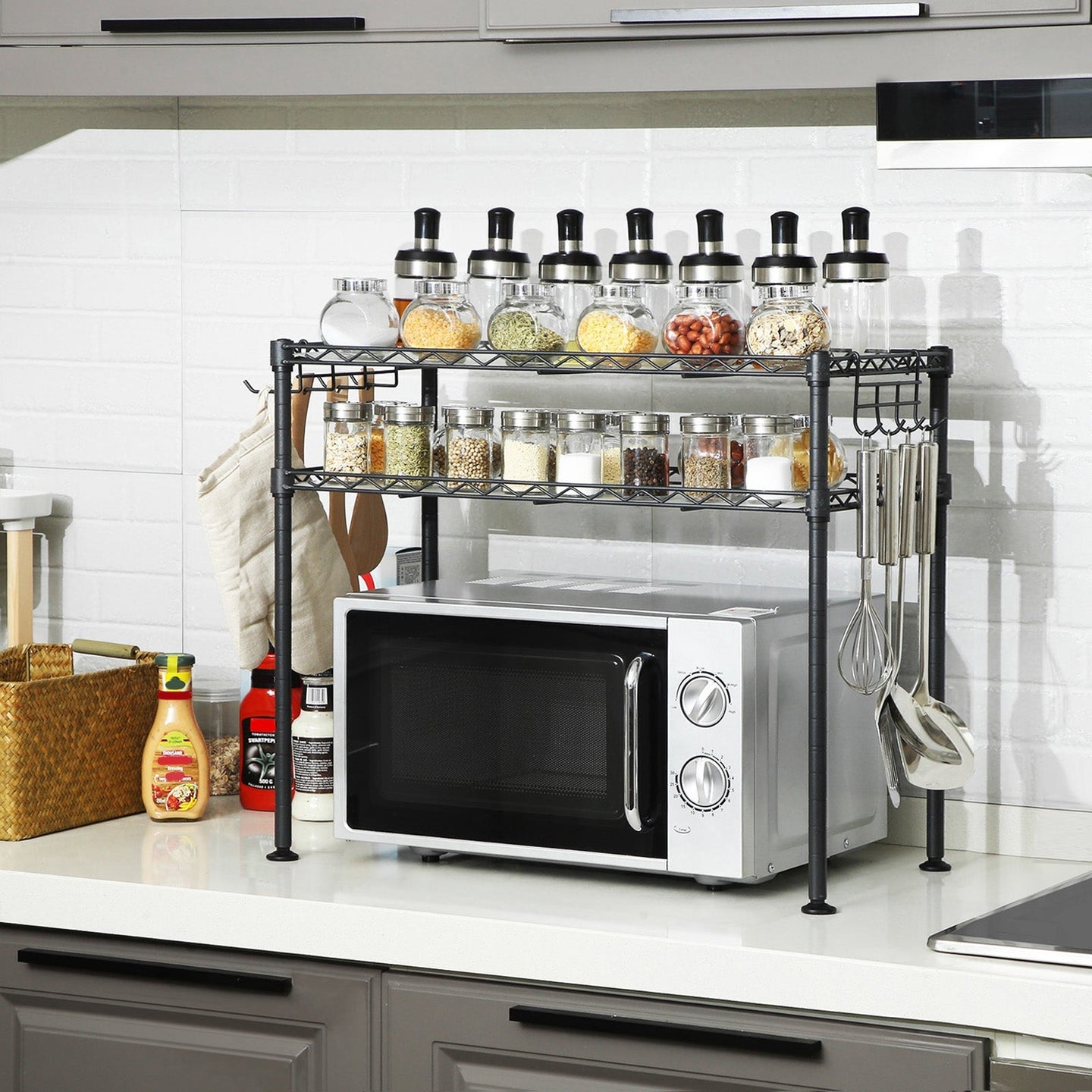 Microwave Oven Rack - Metal - Charcoal Grey - 2-Tier with Adjustable Shelves and Hooks