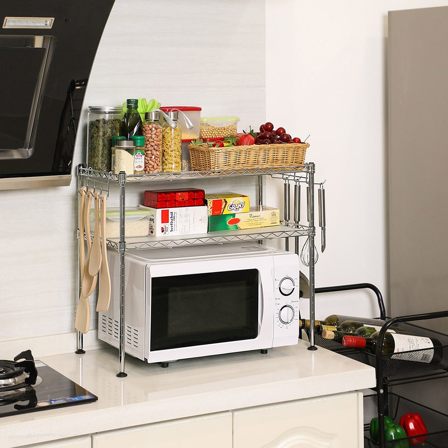 Microwave Oven Rack - Metal - Charcoal Grey - 2-Tier with Adjustable Shelves and Hooks