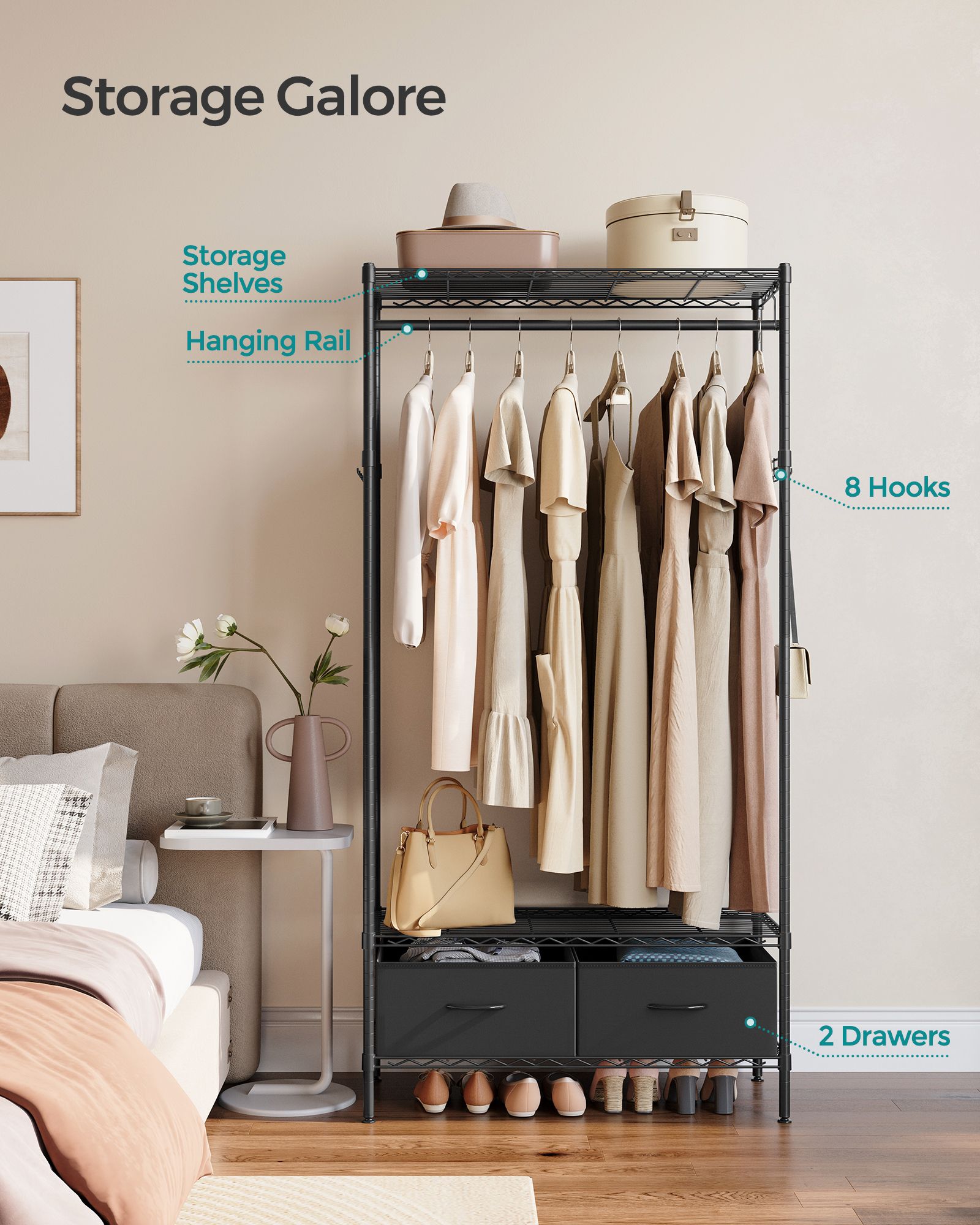 Clothes Rack - Metal - Ink Black - Freestanding with Mesh Shelf and Drawers