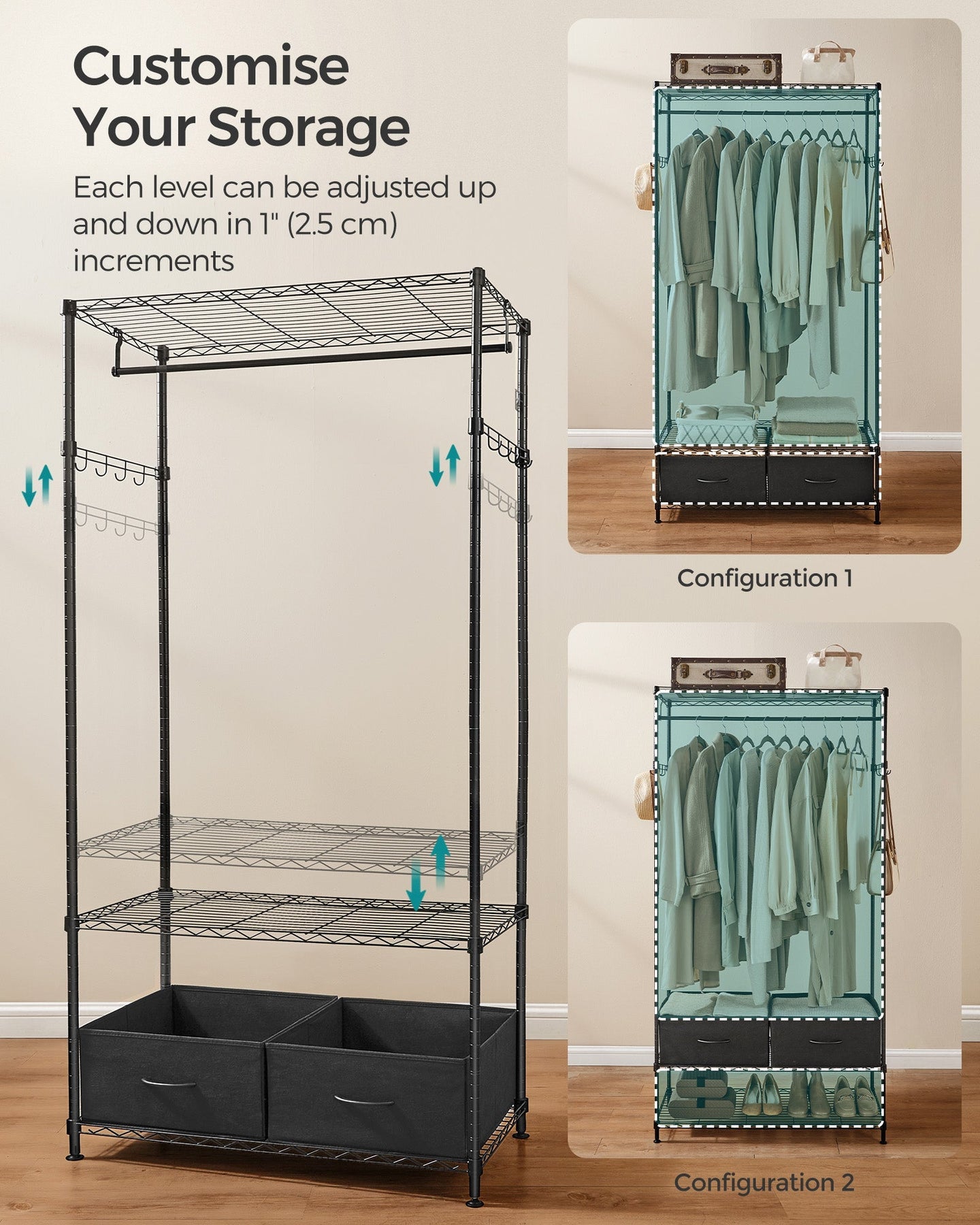 Clothes Rack - Metal - Ink Black - Freestanding with Mesh Shelf and Drawers