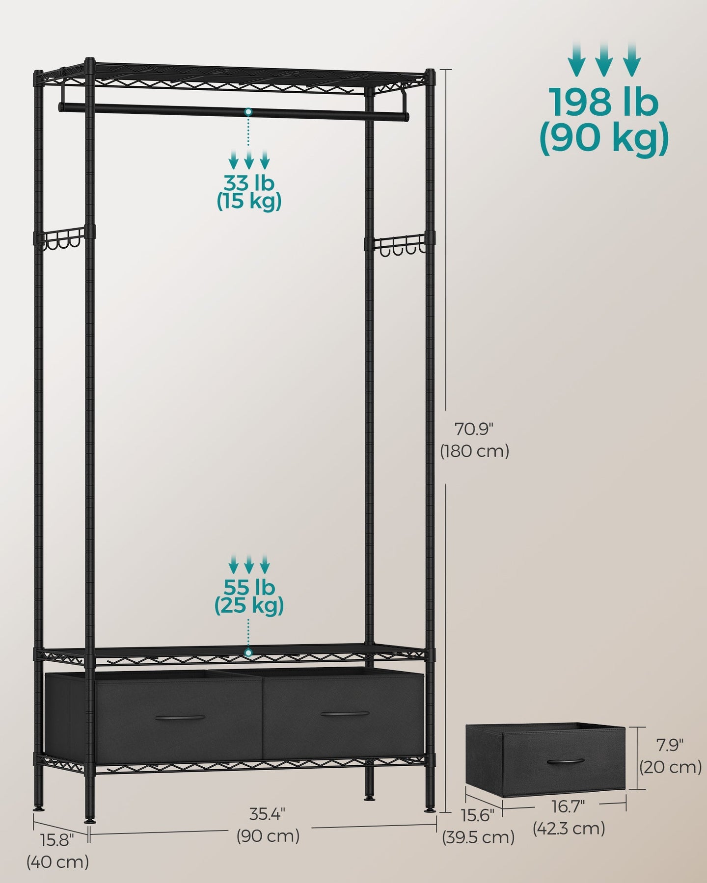 Clothes Rack - Metal - Ink Black - Freestanding with Mesh Shelf and Drawers