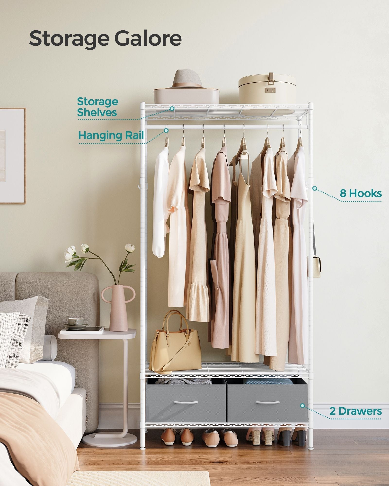 Clothes Rack - Metal - Cloud White - With Mesh Shelf and Drawers