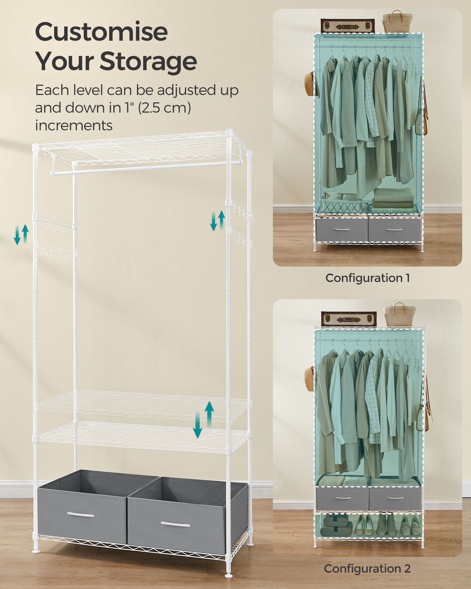 Clothes Rack - Metal - Cloud White - With Mesh Shelf and Drawers