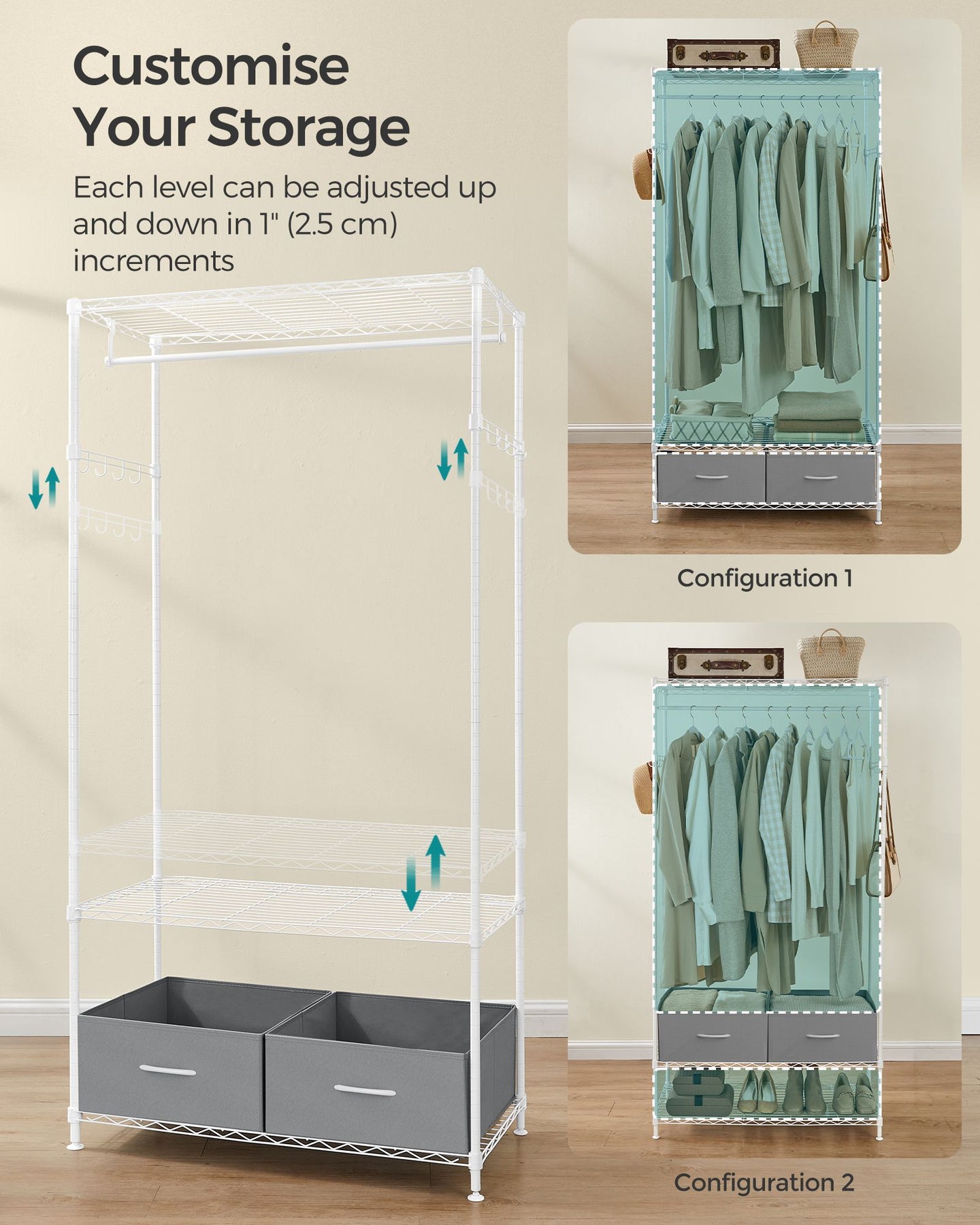 Clothes Rack - Metal - Cloud White - With Mesh Shelf and Drawers