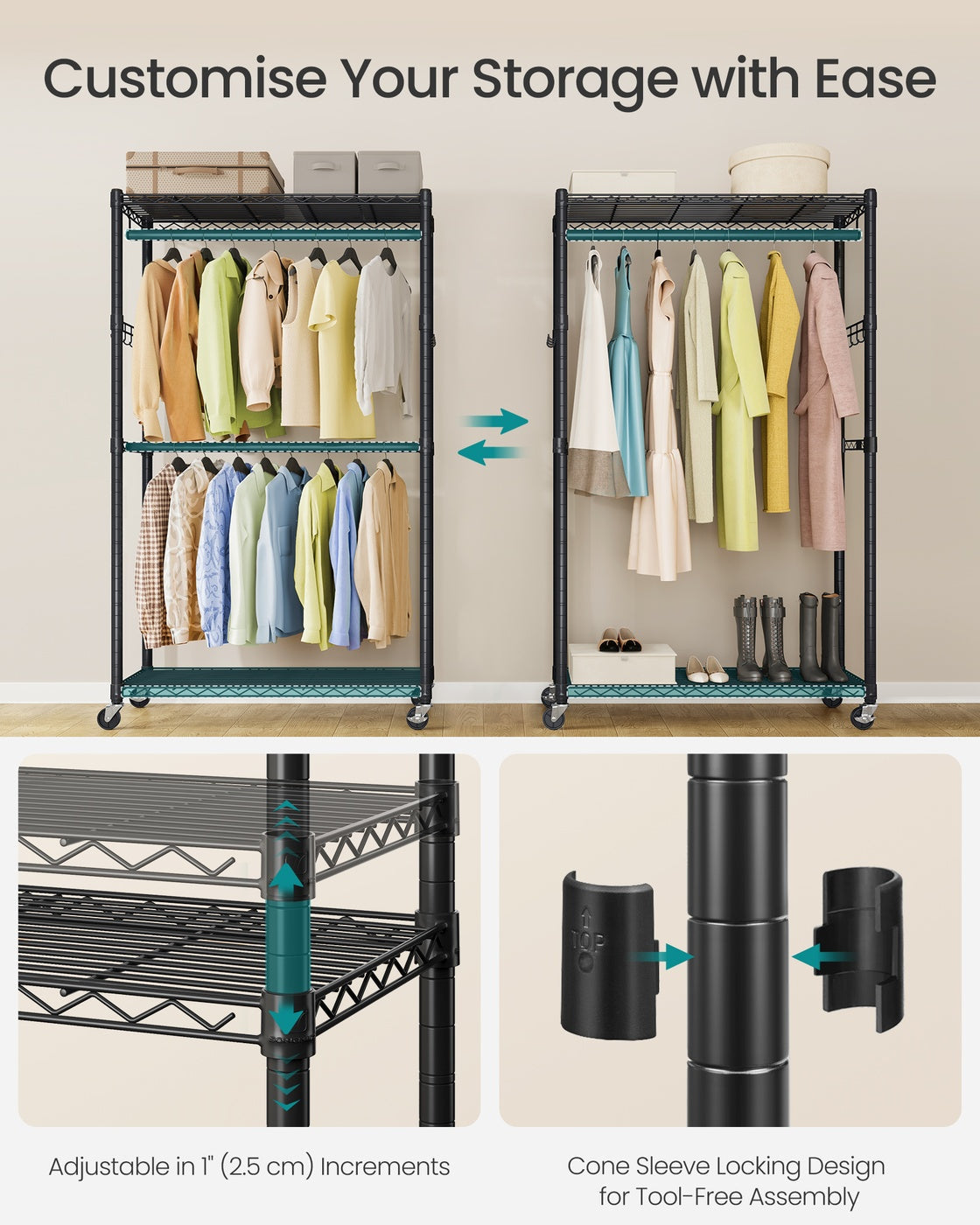 Rolling Portable Wardrobe - 199L - Steel - Adjustable Shelves