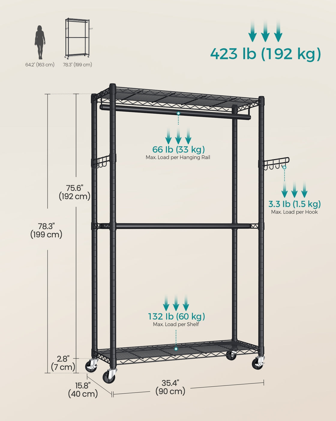 Rolling Portable Wardrobe - 199L - Steel - Adjustable Shelves