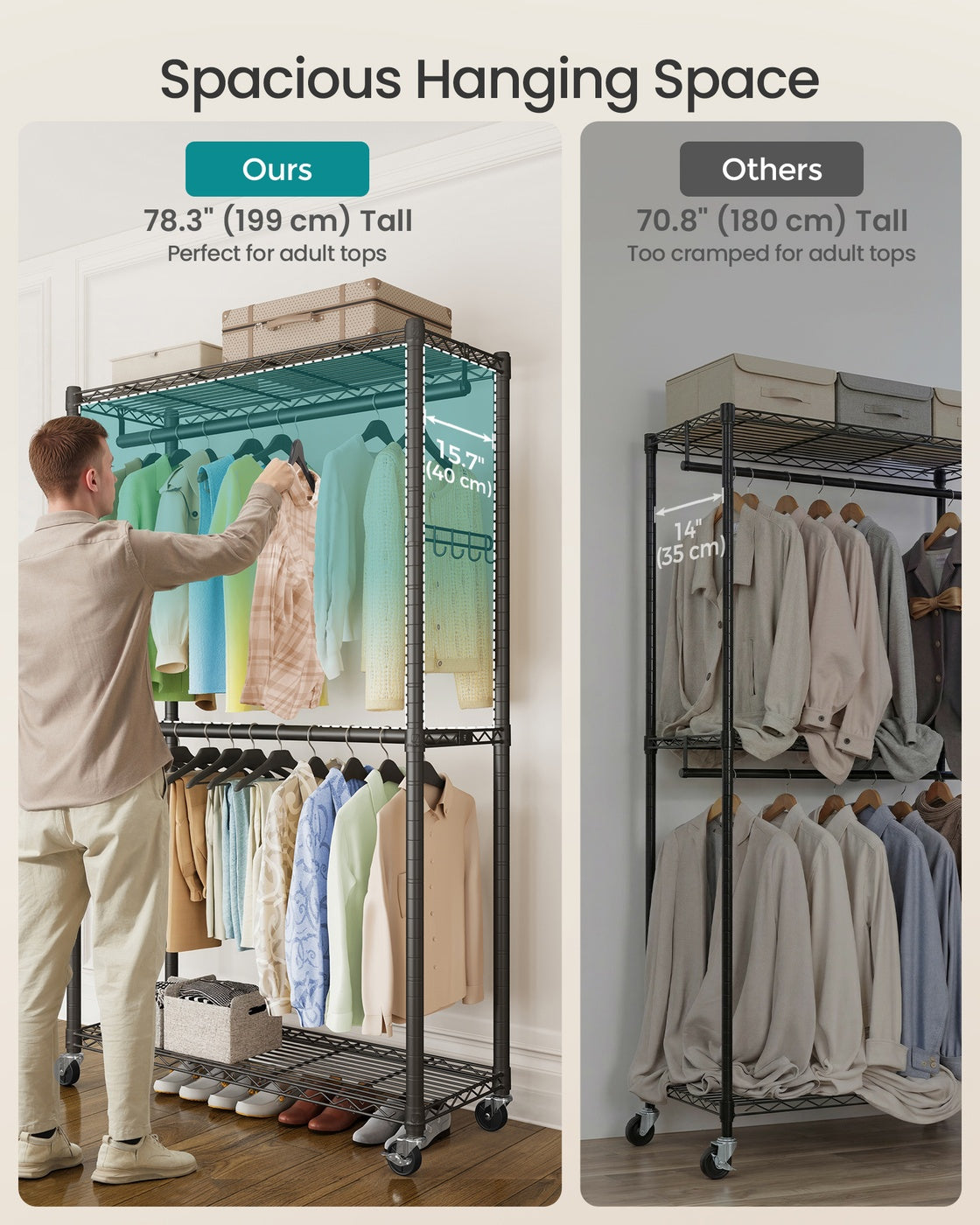 Rolling Portable Wardrobe - 199L - Steel - Adjustable Shelves
