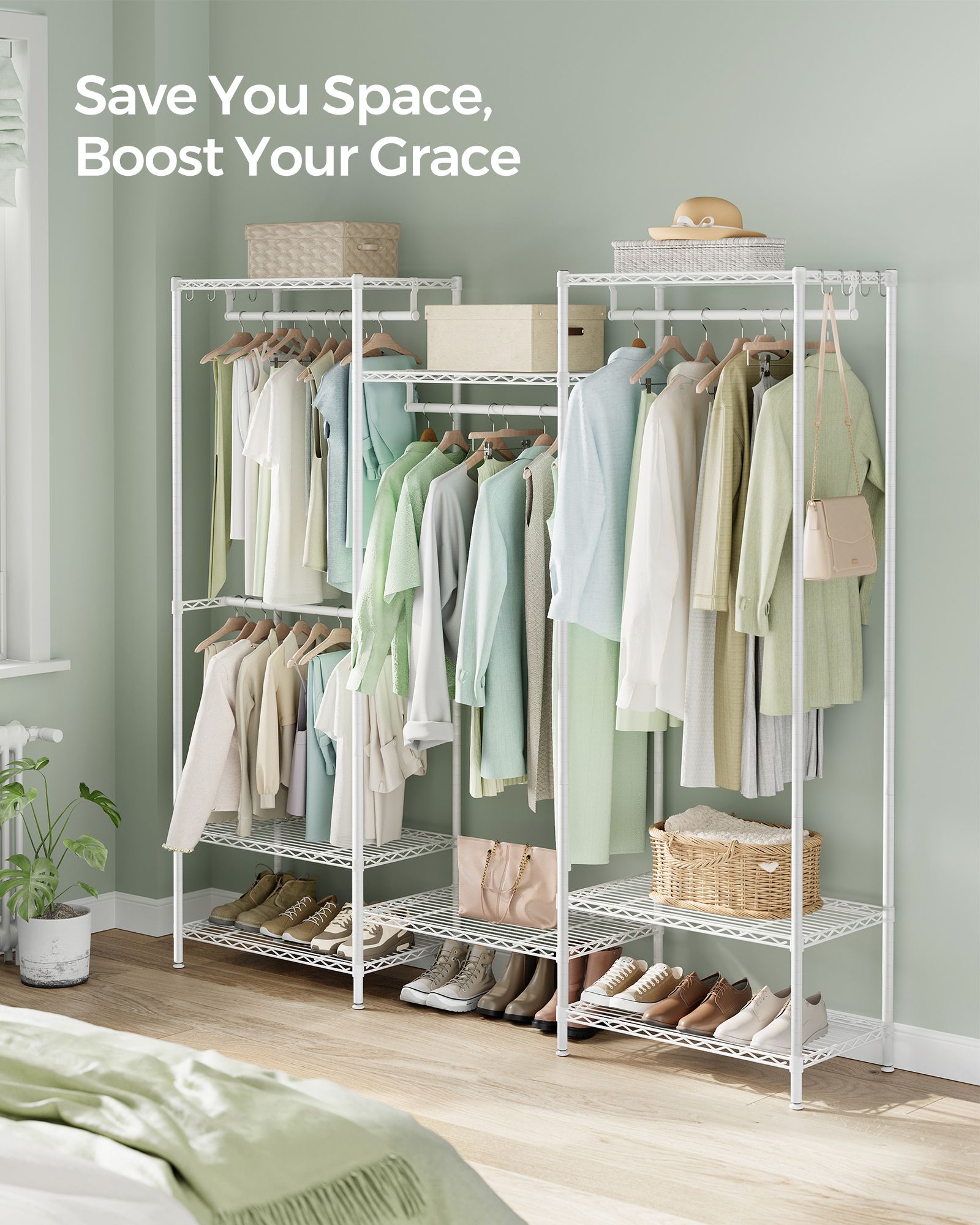 Dividable Open Portable Wardrobe - Metal - Cloud White - Adjustable Shelves and Hanging Rails